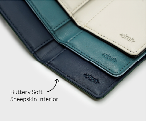 Three leather wallets in blue, green, and beige with 'dash' branding on a light gray background.