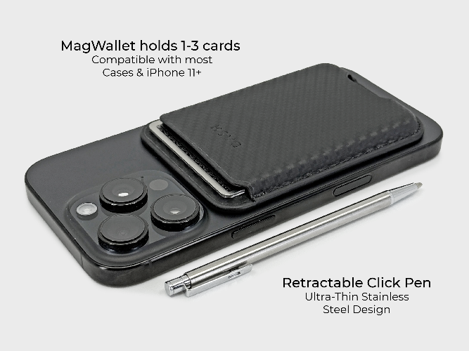 Black MagWallet with phone case and retractable pen on a white background