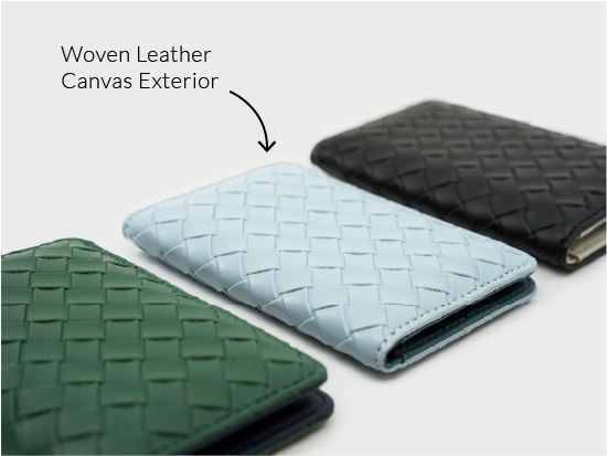 Three woven leather wallets in green, blue, and black on a light gray background.