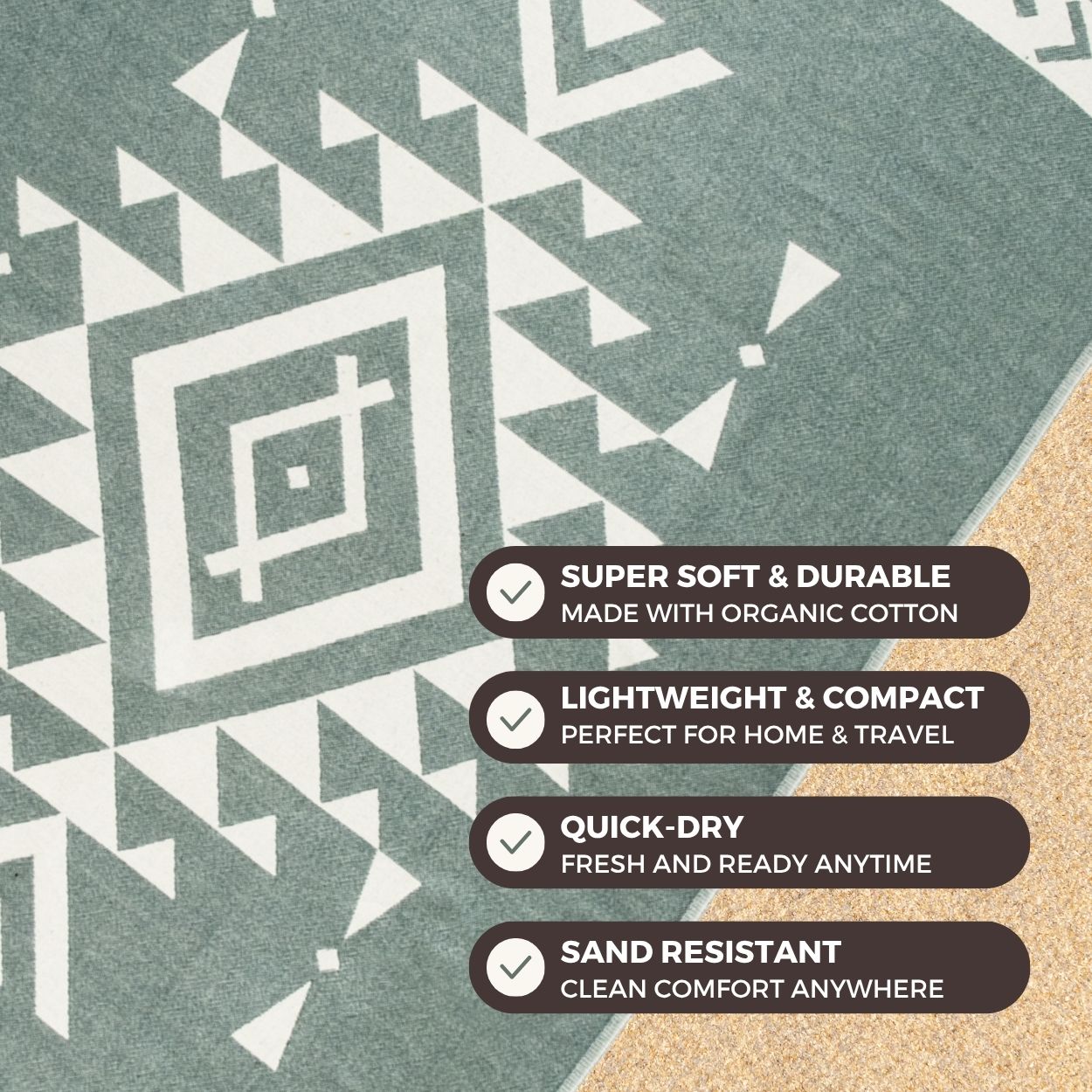 Textured fabric with geometric pattern and product features listed.