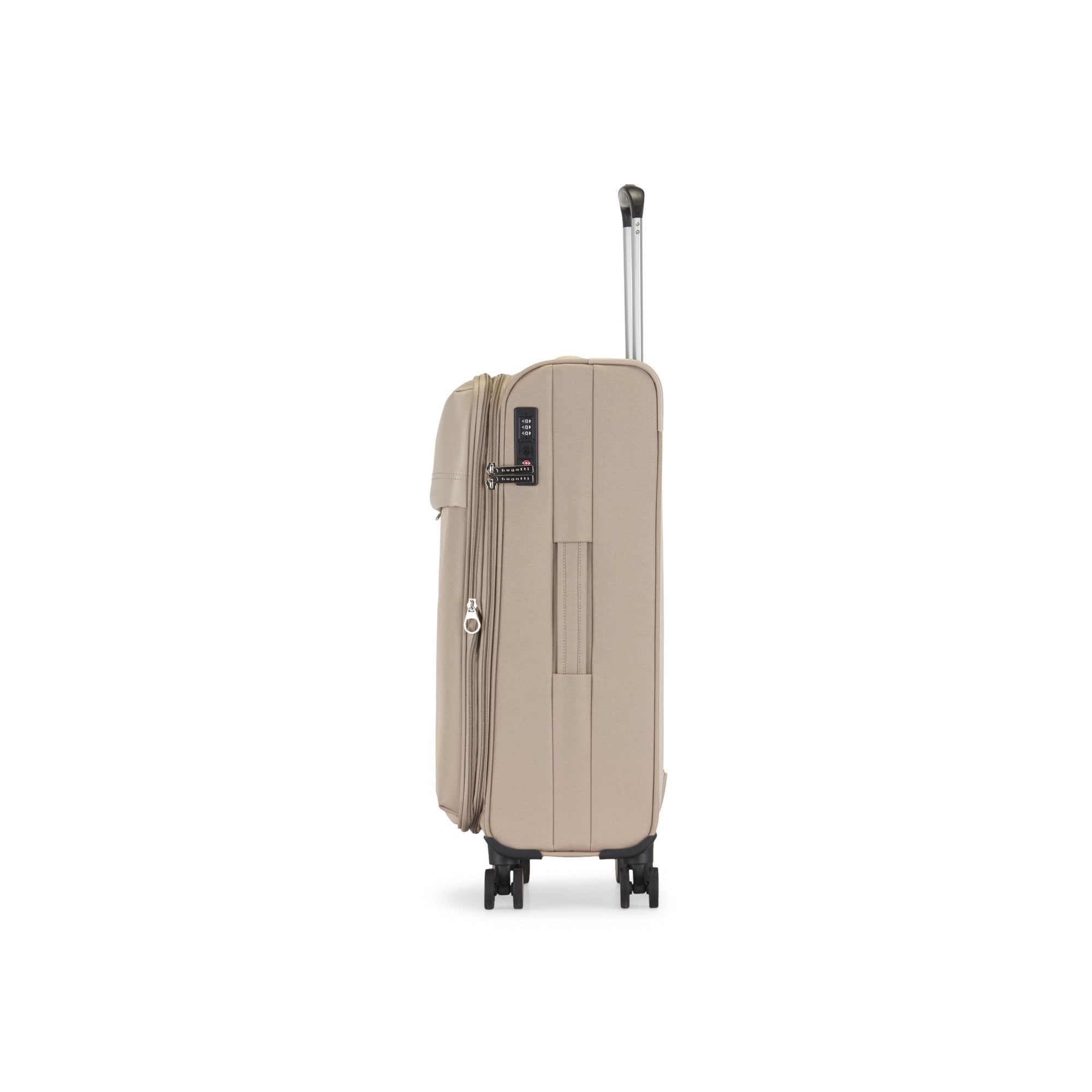 Beige suitcase with a handle on a white background