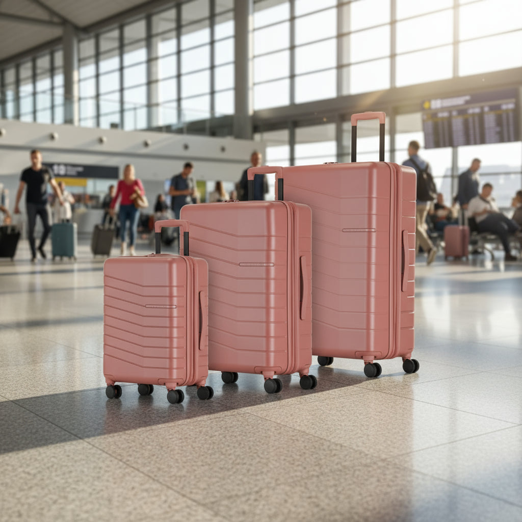Set of three pink suitcases of different sizes on a white background