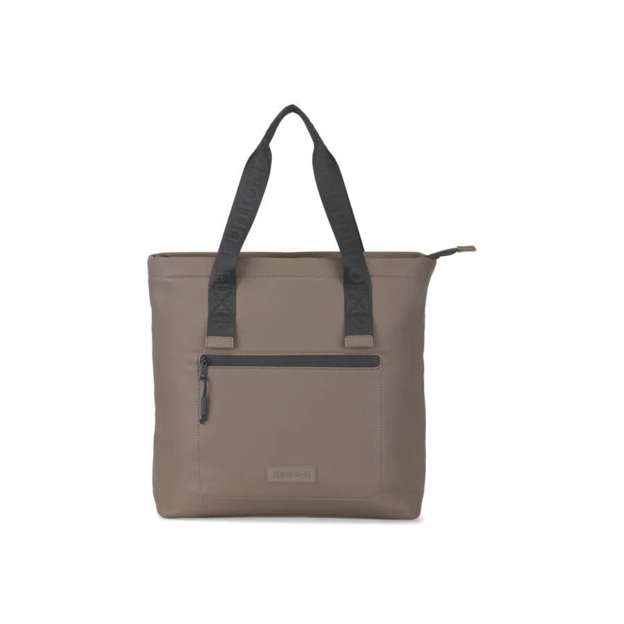 Brown tote bag with black straps on a white background