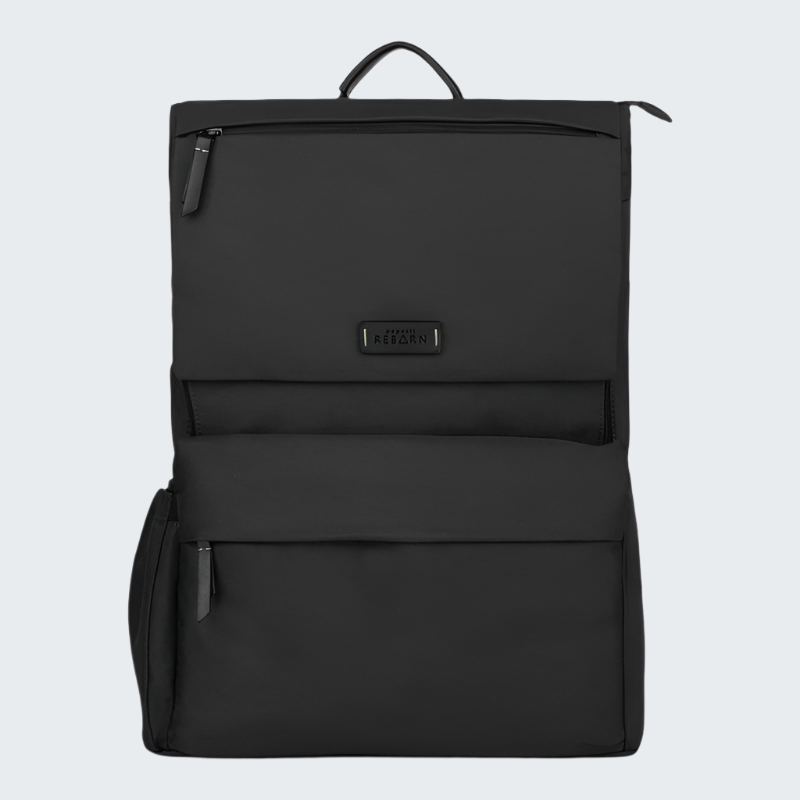 Black backpack with a visible brand logo on a white background