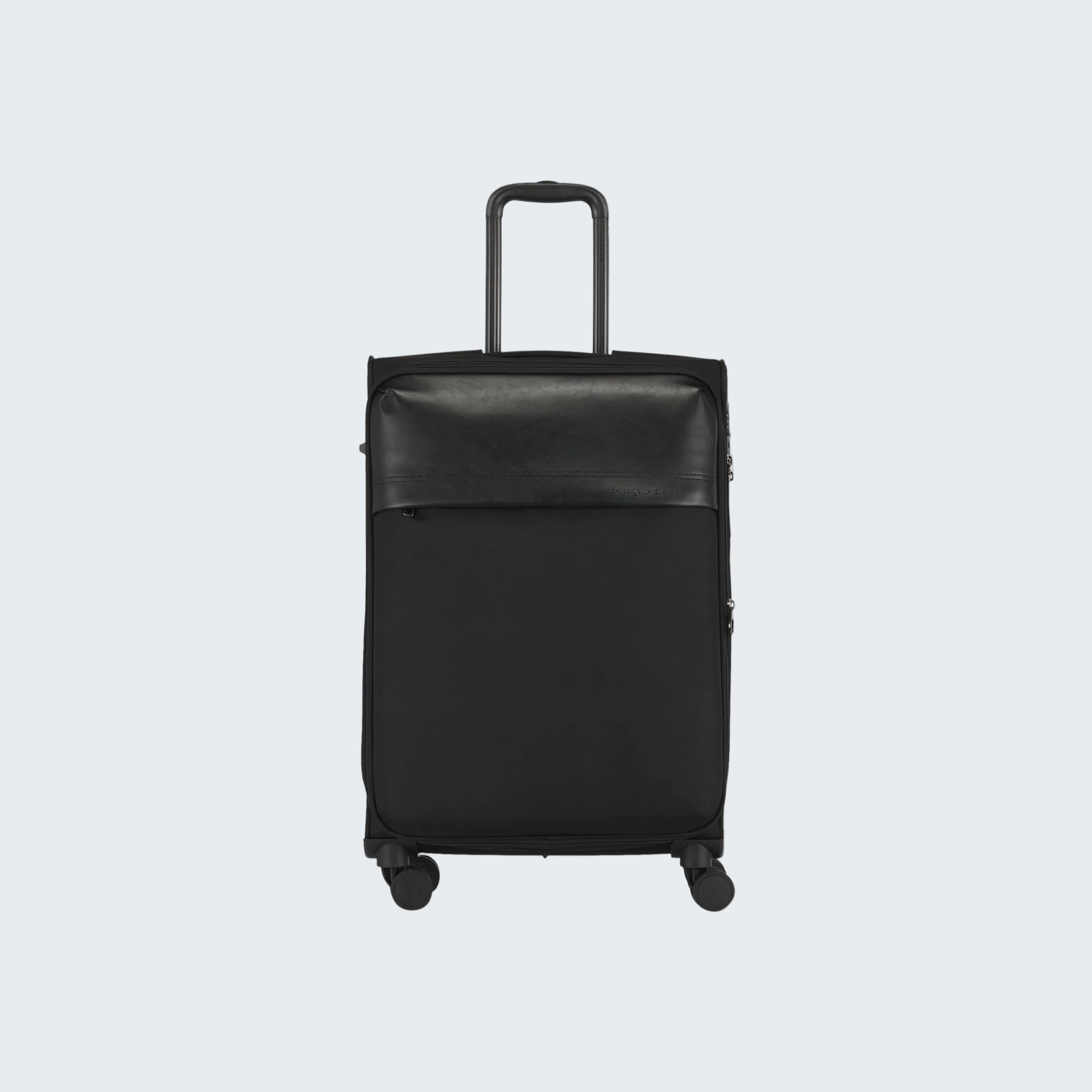 Black suitcase with wheels on a white background