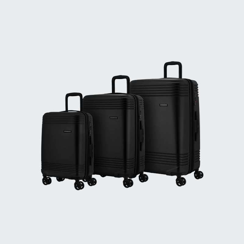 Set of three black suitcases of different sizes on a white background