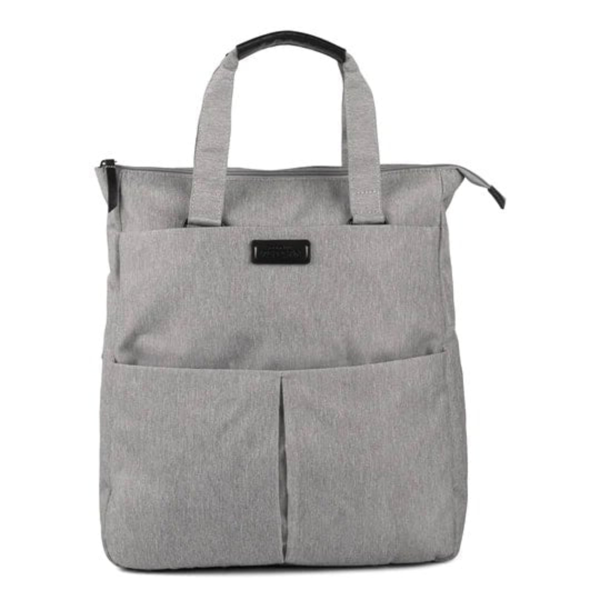 Gray tote bag with a visible brand logo on a white background