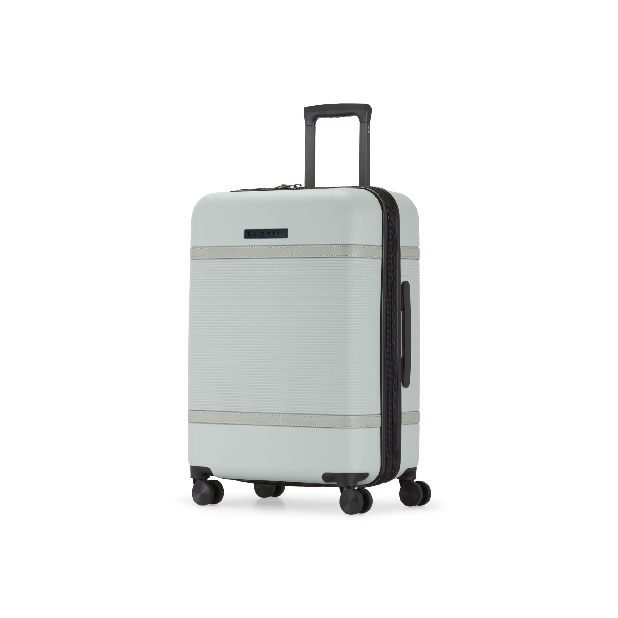 Light gray suitcase with black handle and wheels on a white background
