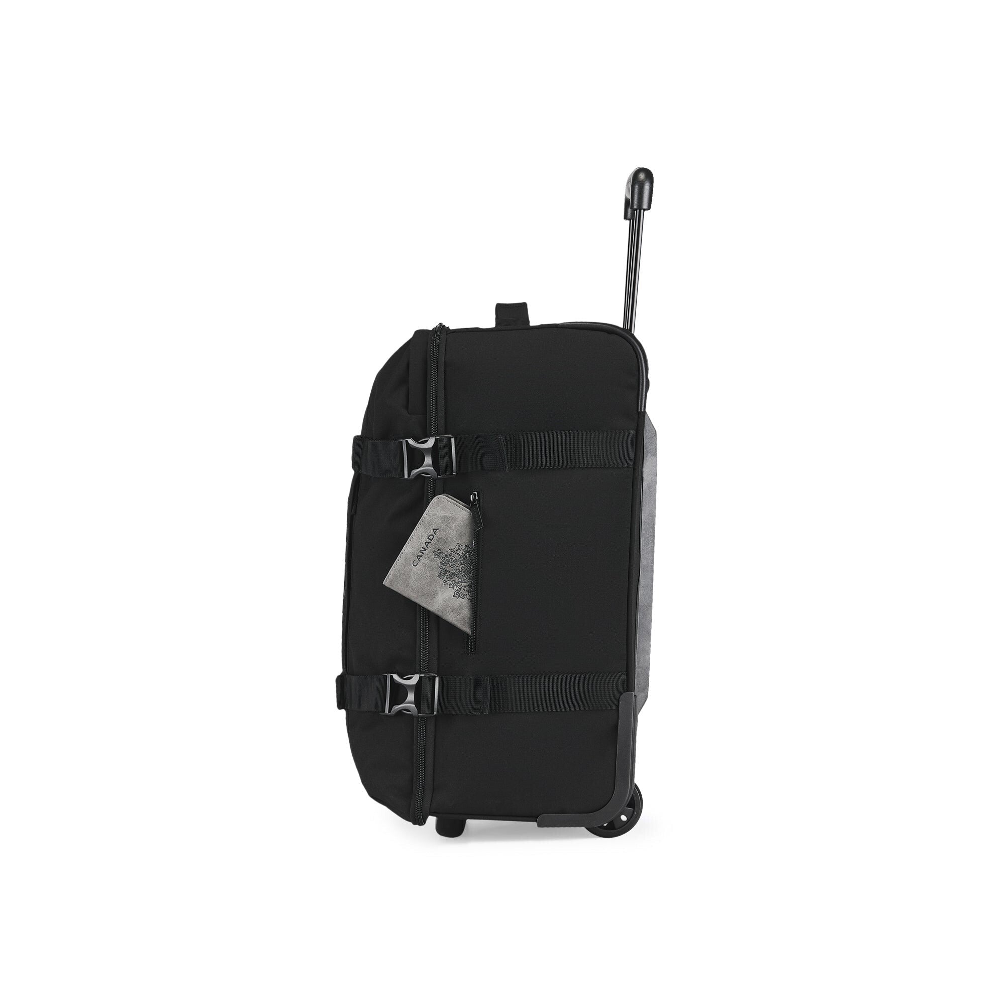 Black suitcase with wheels on a white background