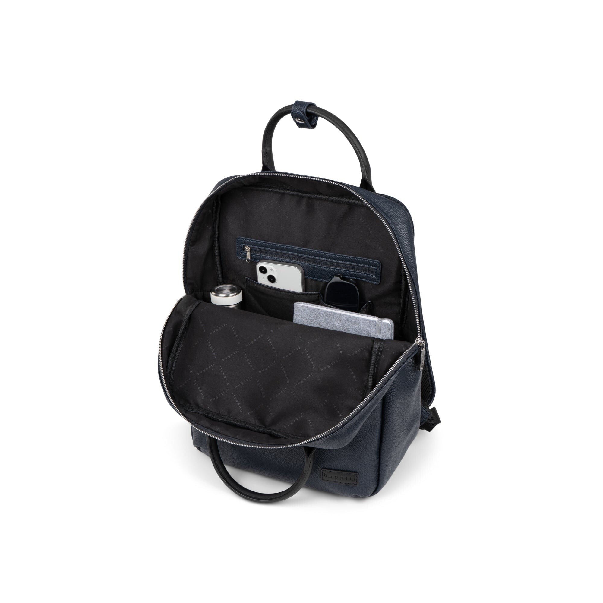 Black backpack with compartments on a white background