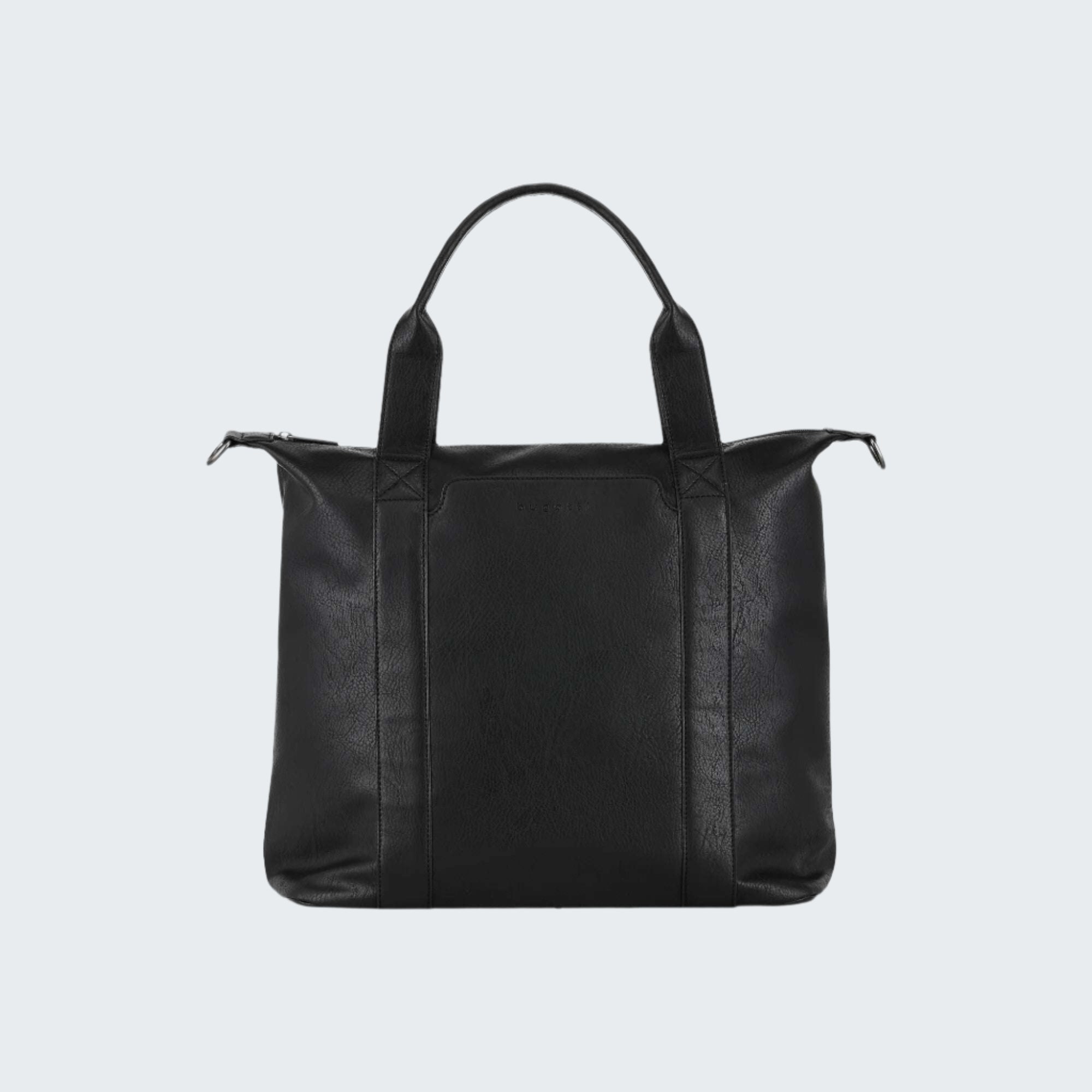 Black leather tote bag on a white background