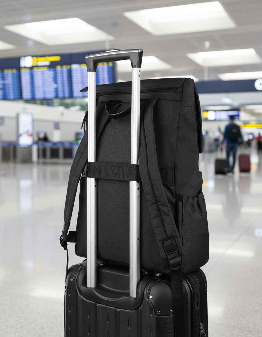 Black backpack on top of a black suitcase with a white background
