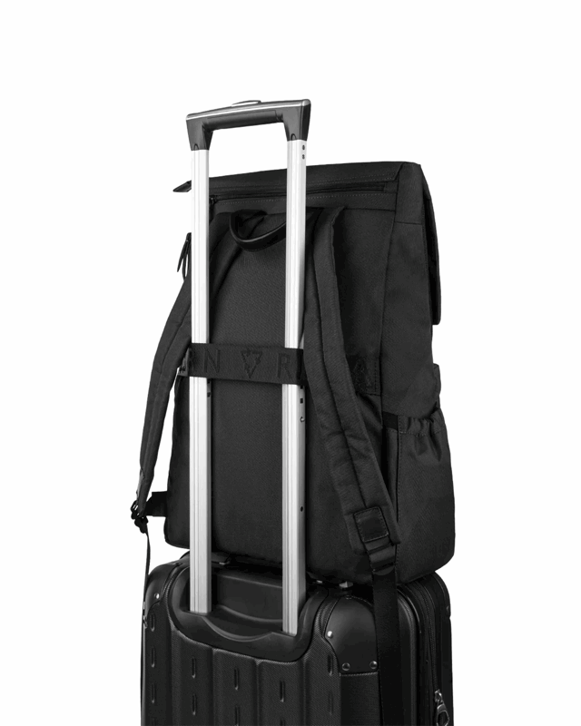 Black backpack on top of a black suitcase with a white background