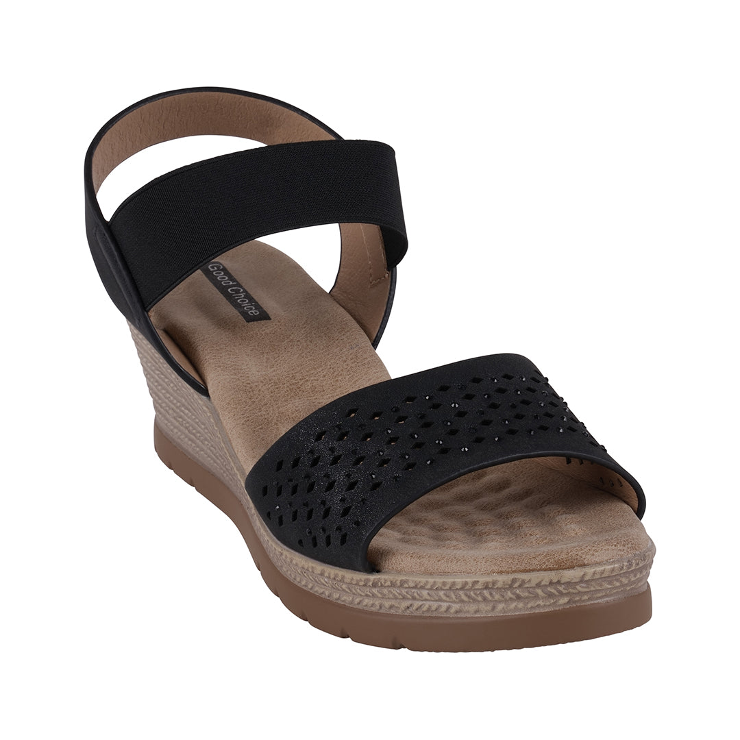 GC Shoes Bane Black Embellished Elastic Double Band Wedge Sandals