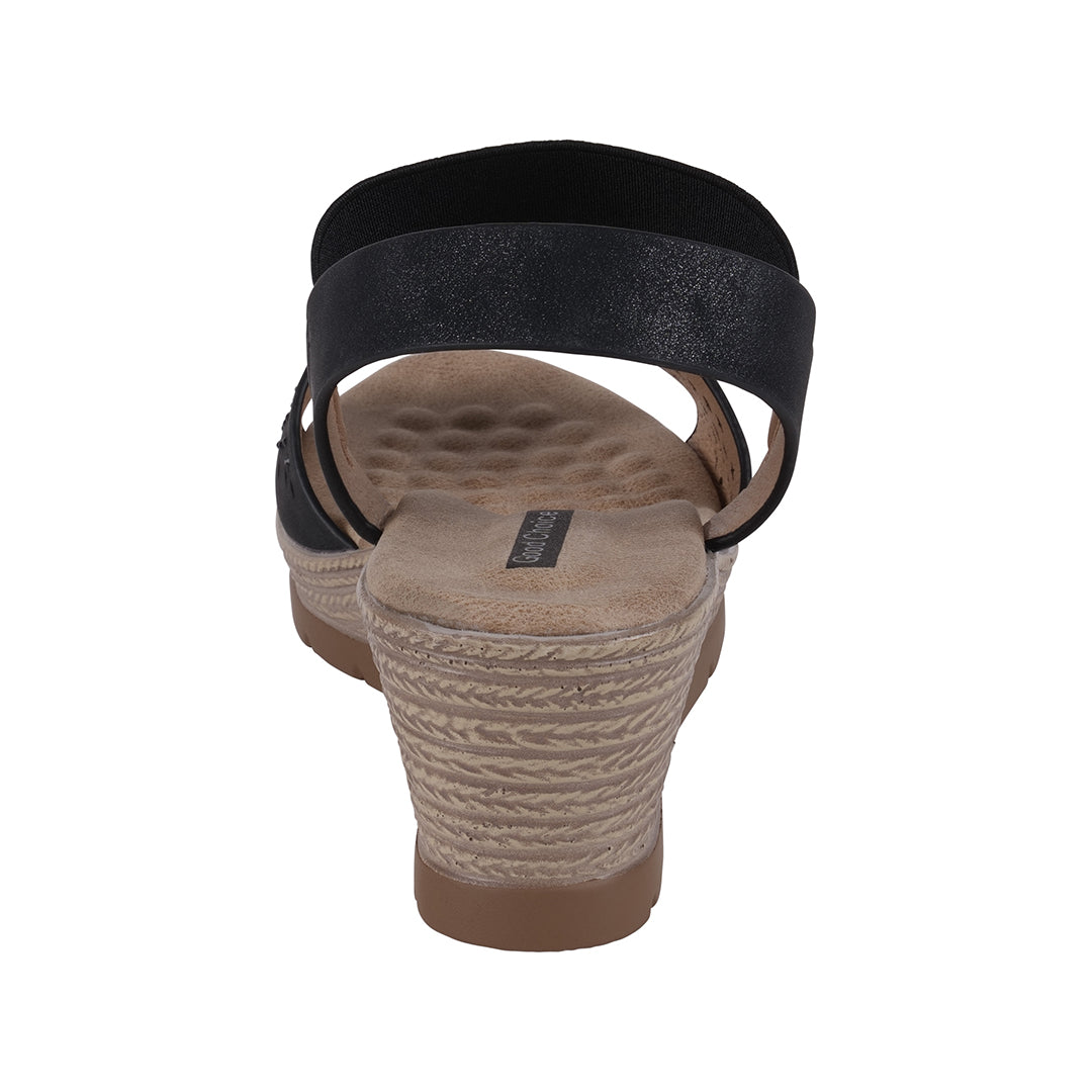 GC Shoes Bane Black Embellished Elastic Double Band Wedge Sandals