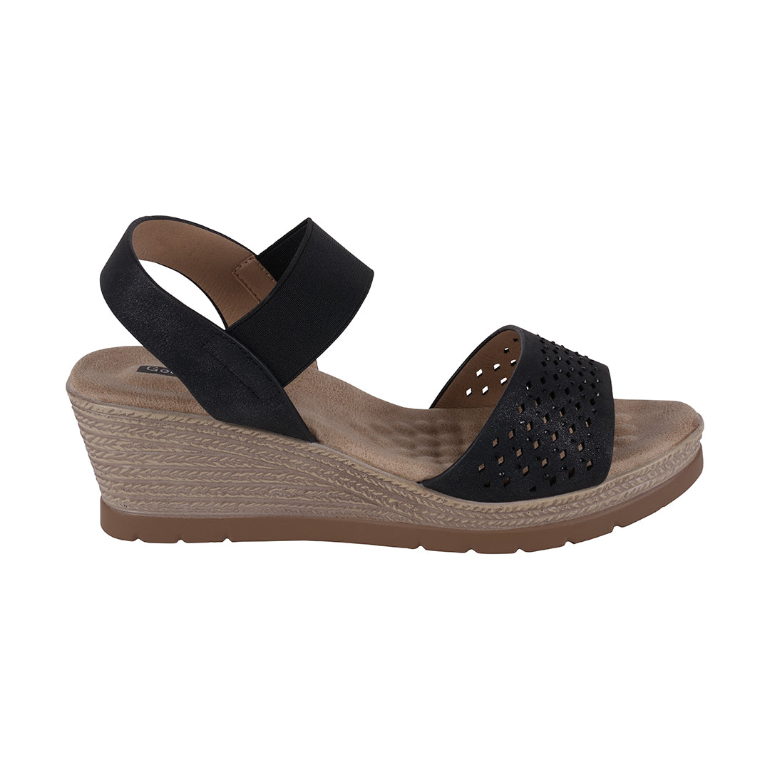 GC Shoes Bane Black Embellished Elastic Double Band Wedge Sandals