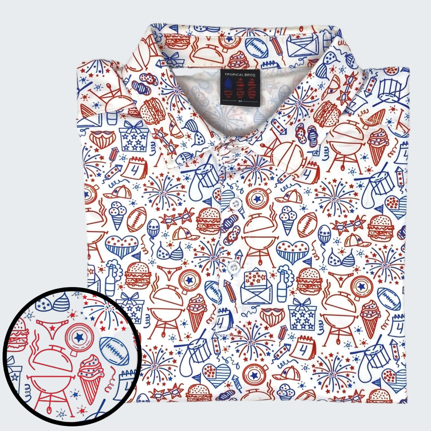 Patterned shirt with red, white, and blue graphics on a white background