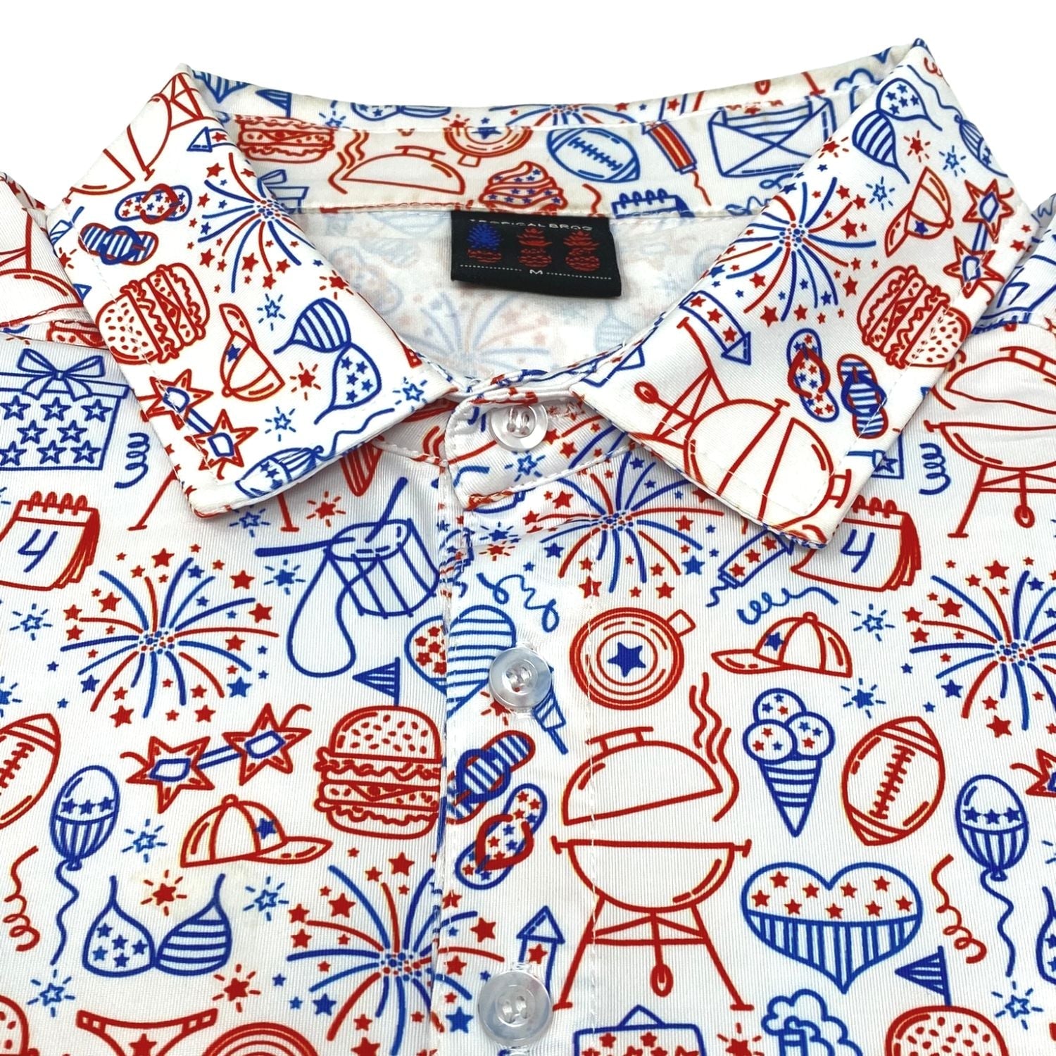 White shirt with red and blue pattern of icons on a white background