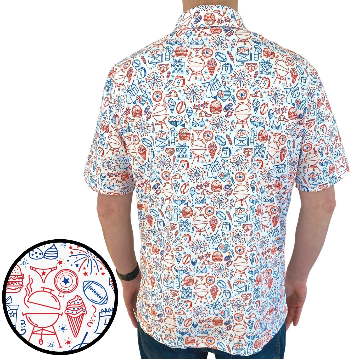 Short-sleeve shirt with colorful pattern on a white background