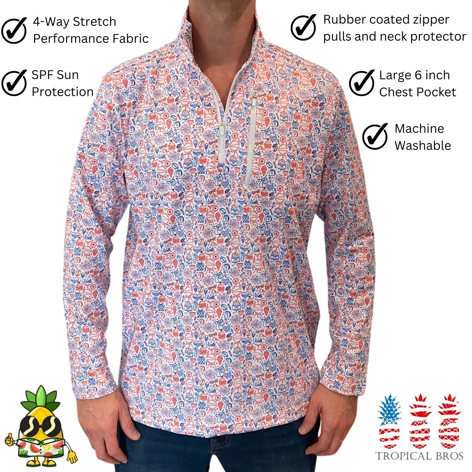 Floral patterned shirt with product features listed on a white background