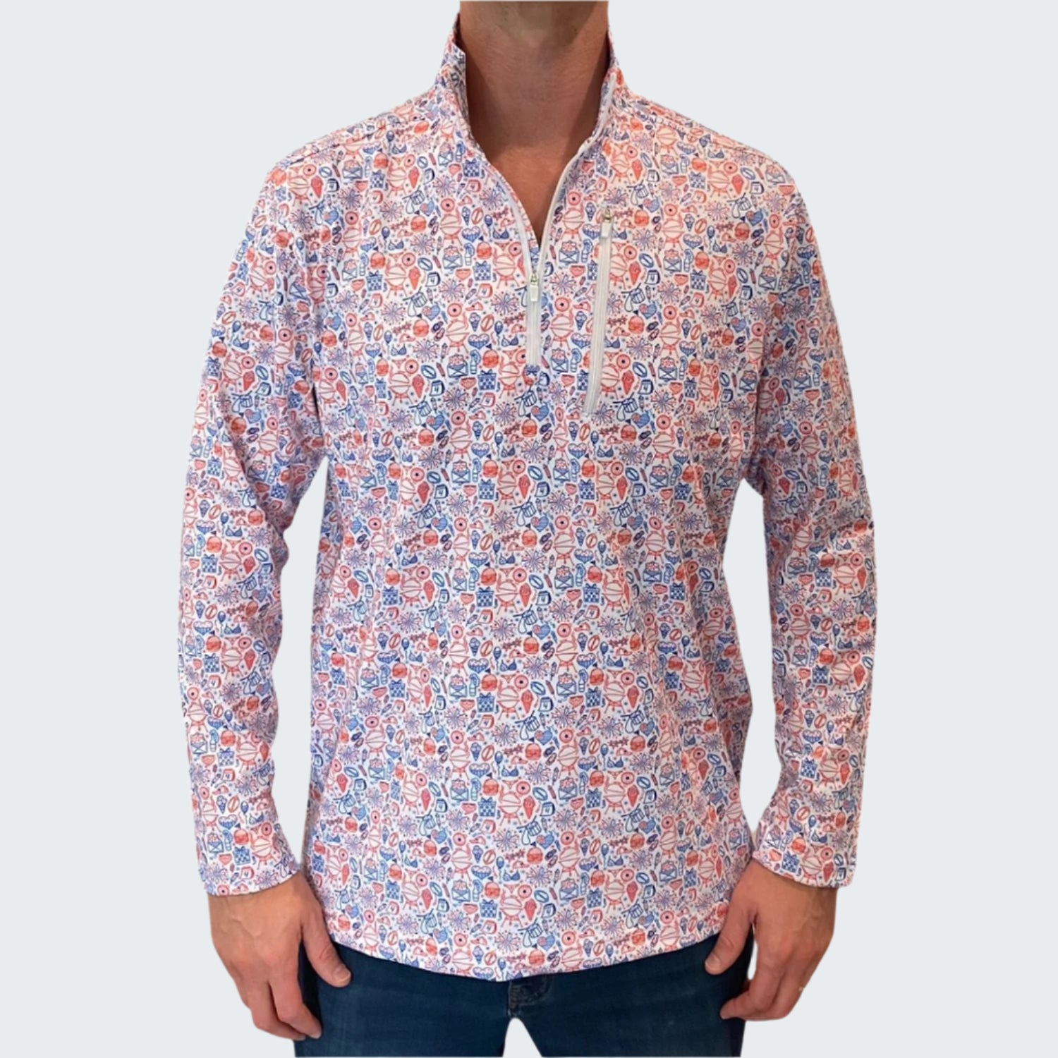 Floral patterned shirt worn by a person on a white background