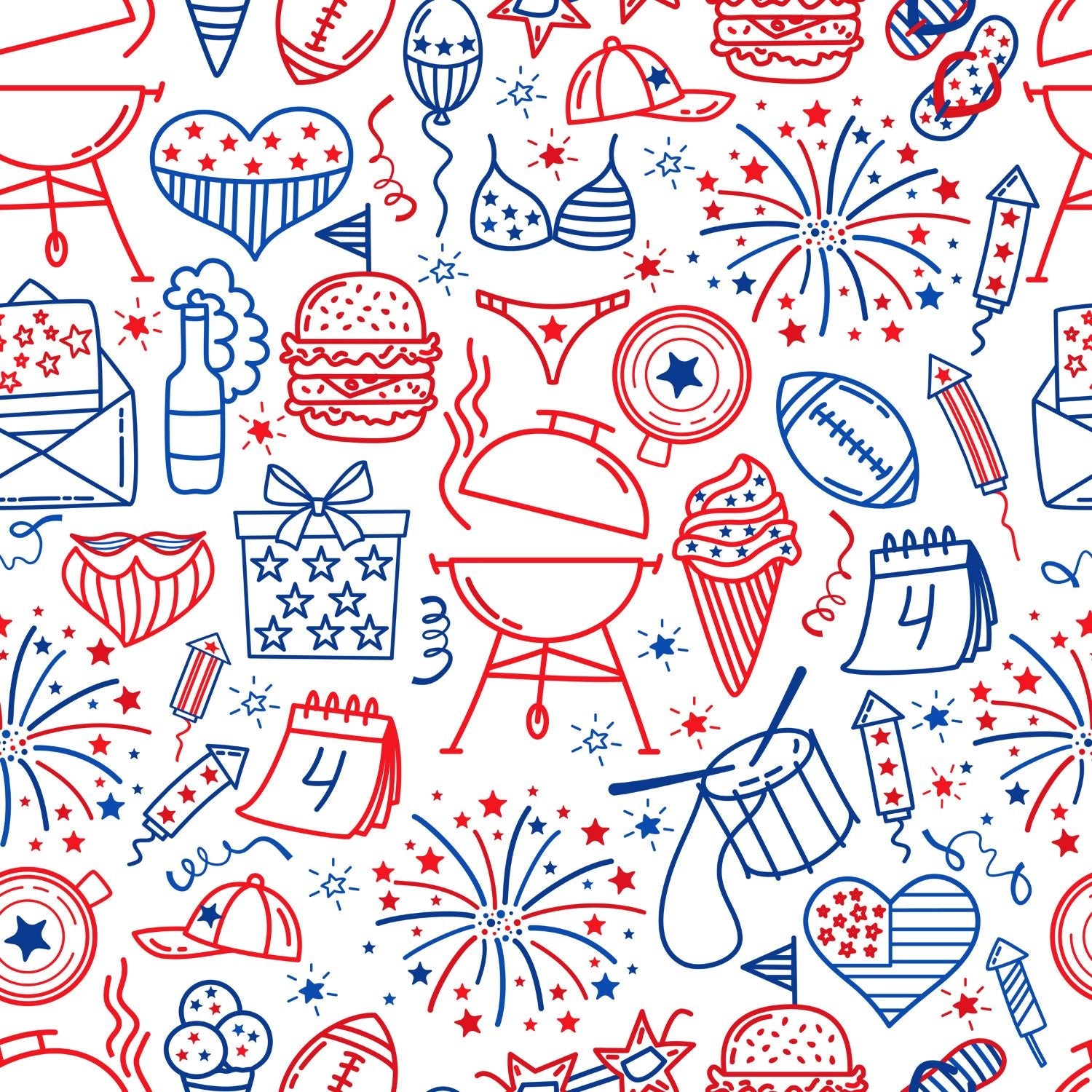 Pattern of red, white, and blue icons on a white background