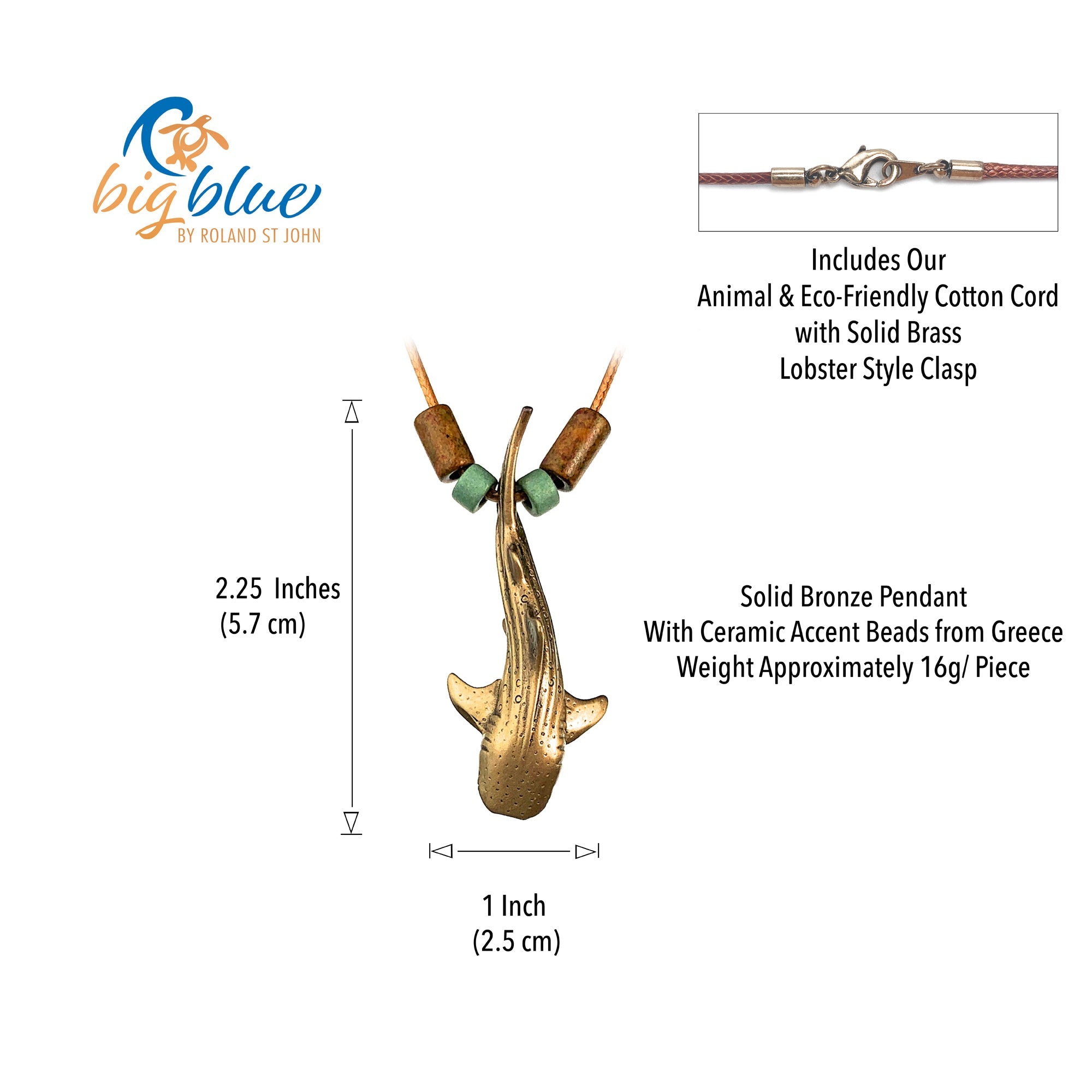 Bronze shark pendant with ceramic beads on a white background, featuring Big Blue by Roland St. John branding.