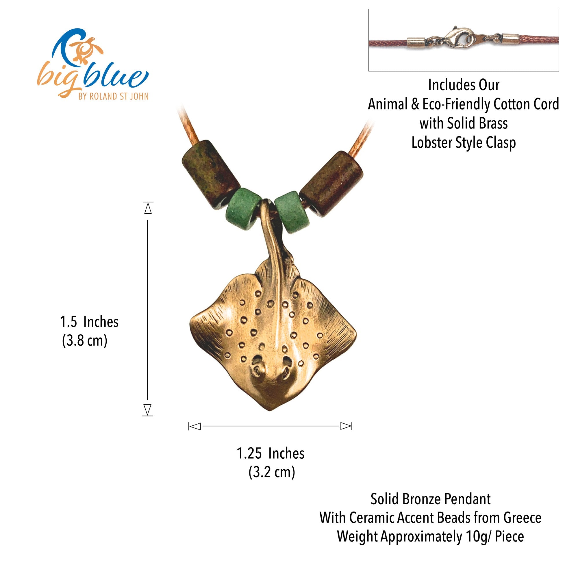 Solid bronze pendant necklace with ceramic beads, shown with measurements and product details.