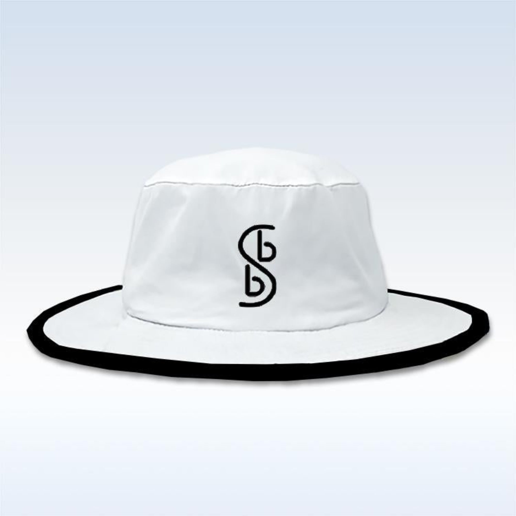 White bucket hat with black rim and logo on a light gray background