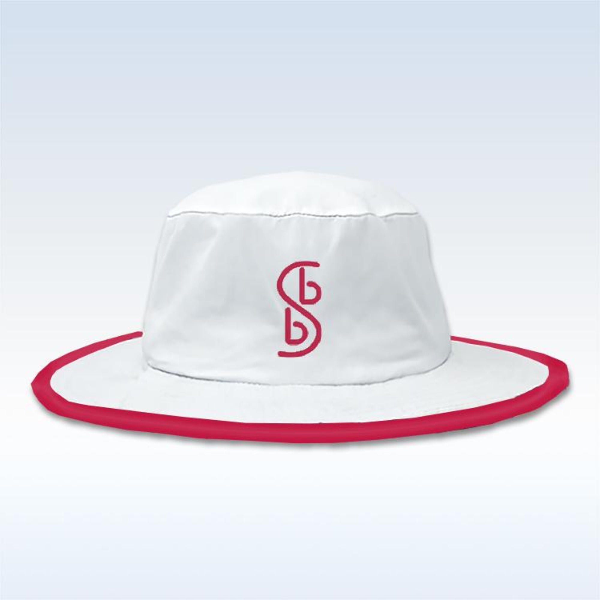 White bucket hat with red trim and logo on a light gray background