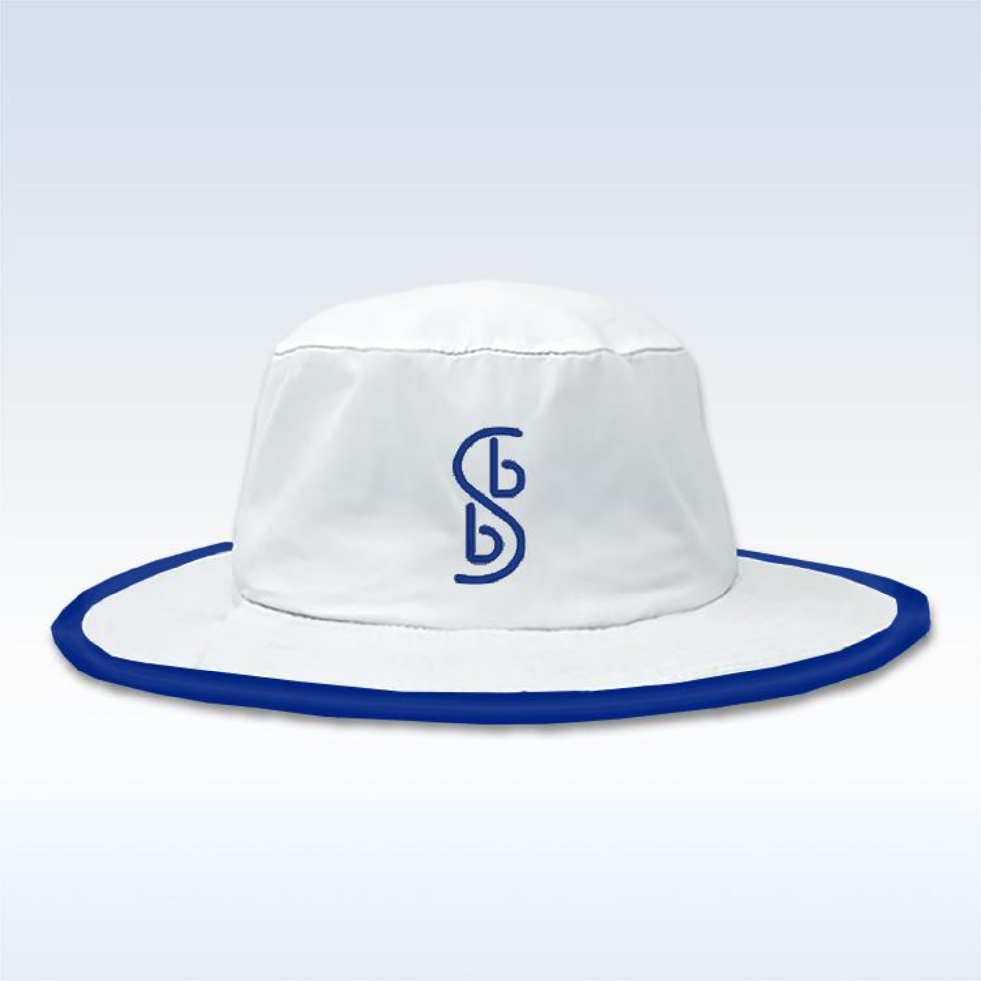 White bucket hat with blue rim and logo on a light gray background