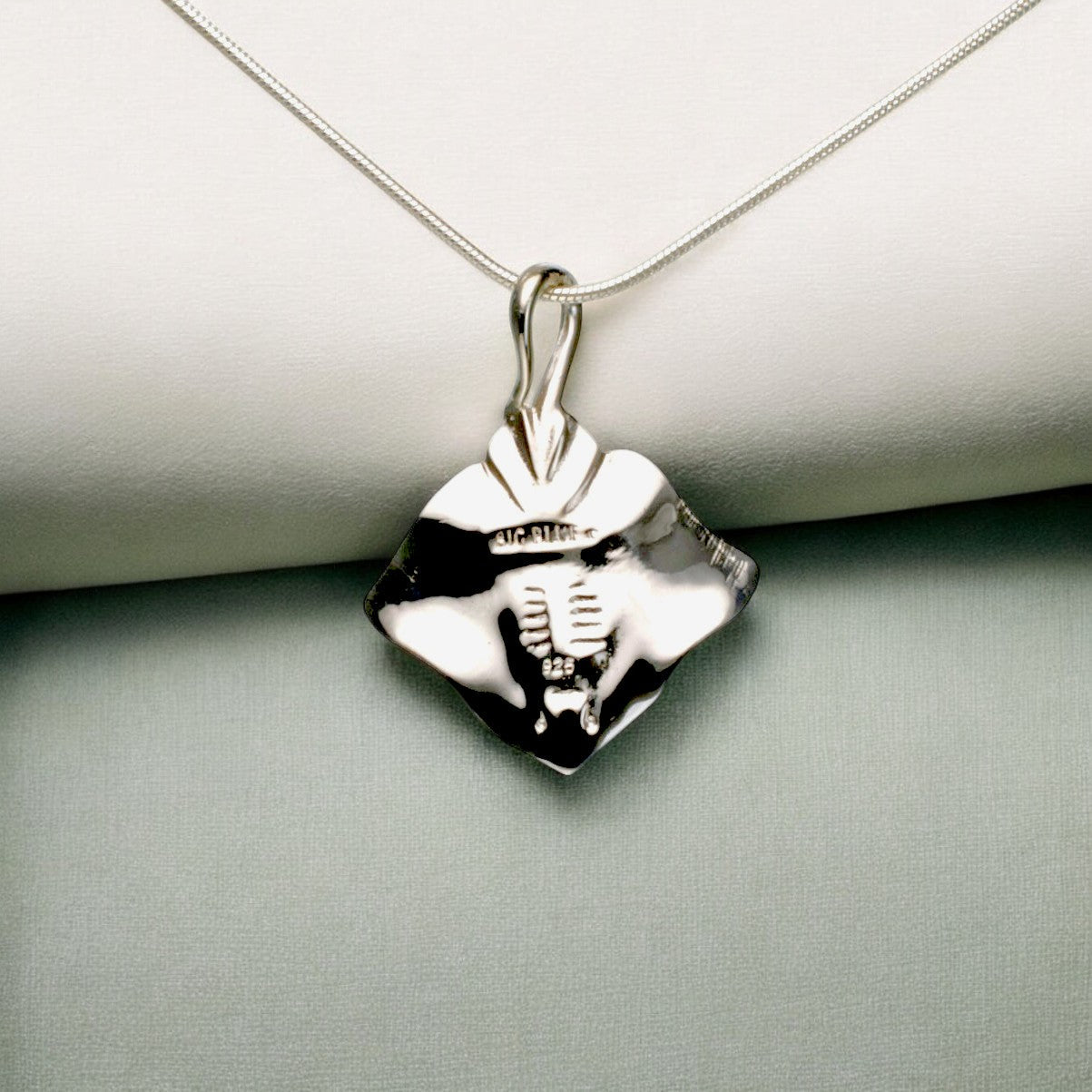 Silver pendant on a chain against a light gray background
