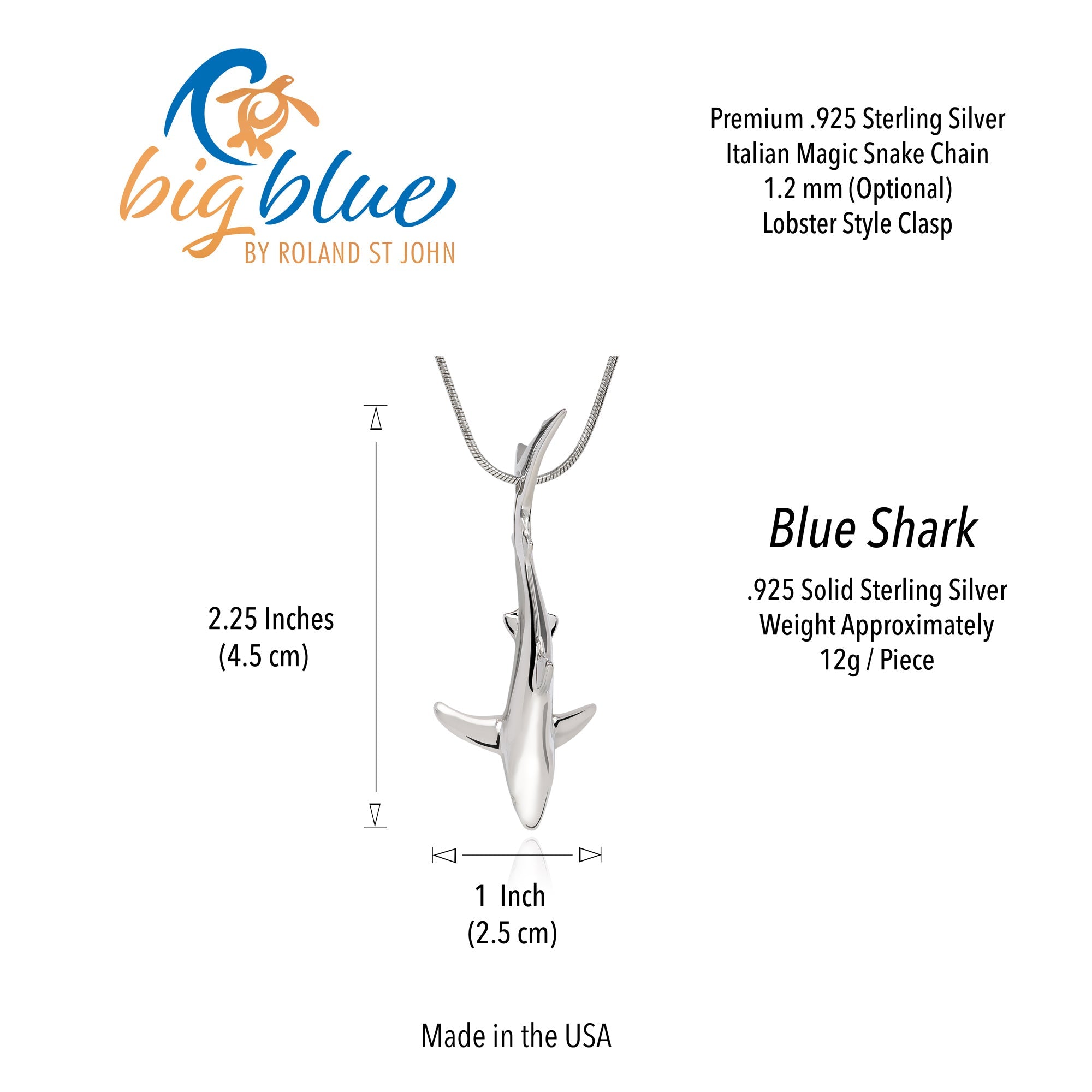 Sterling Silver Blue Shark Pendant Necklace