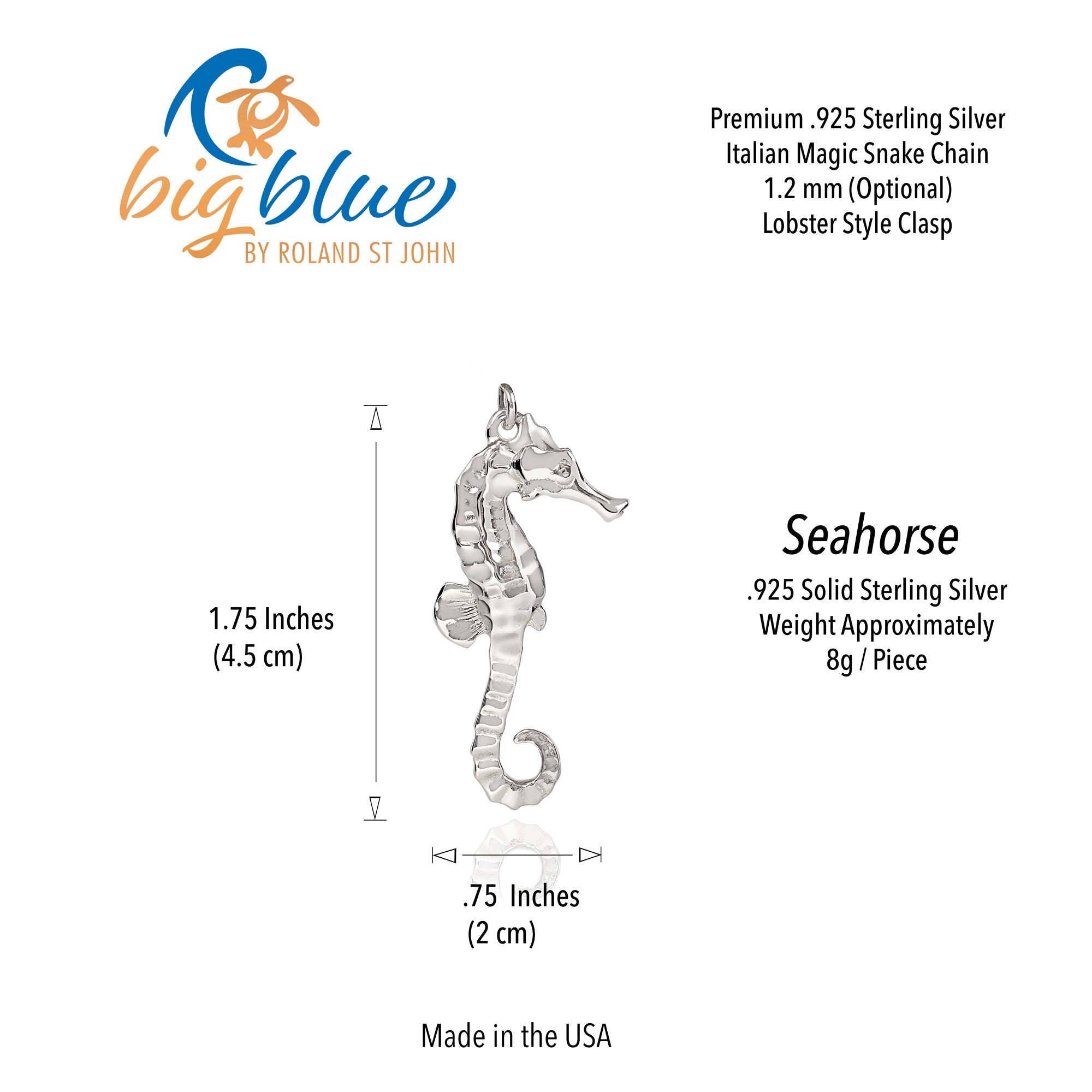 Silver seahorse pendant with measurements and 'big blue' branding on a white background
