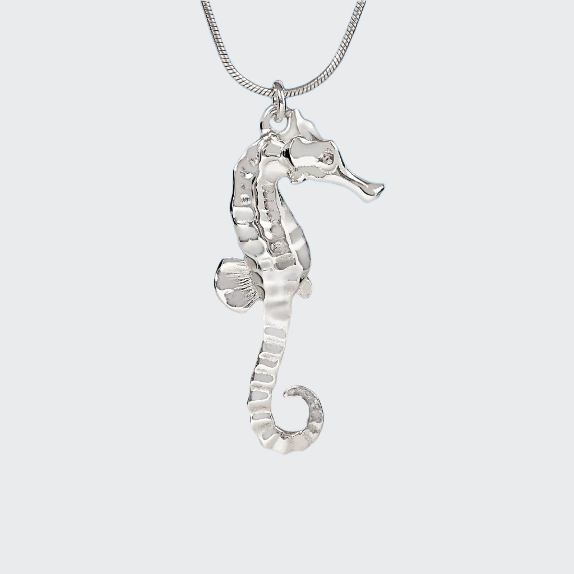 Silver seahorse pendant on a chain against a light gray background