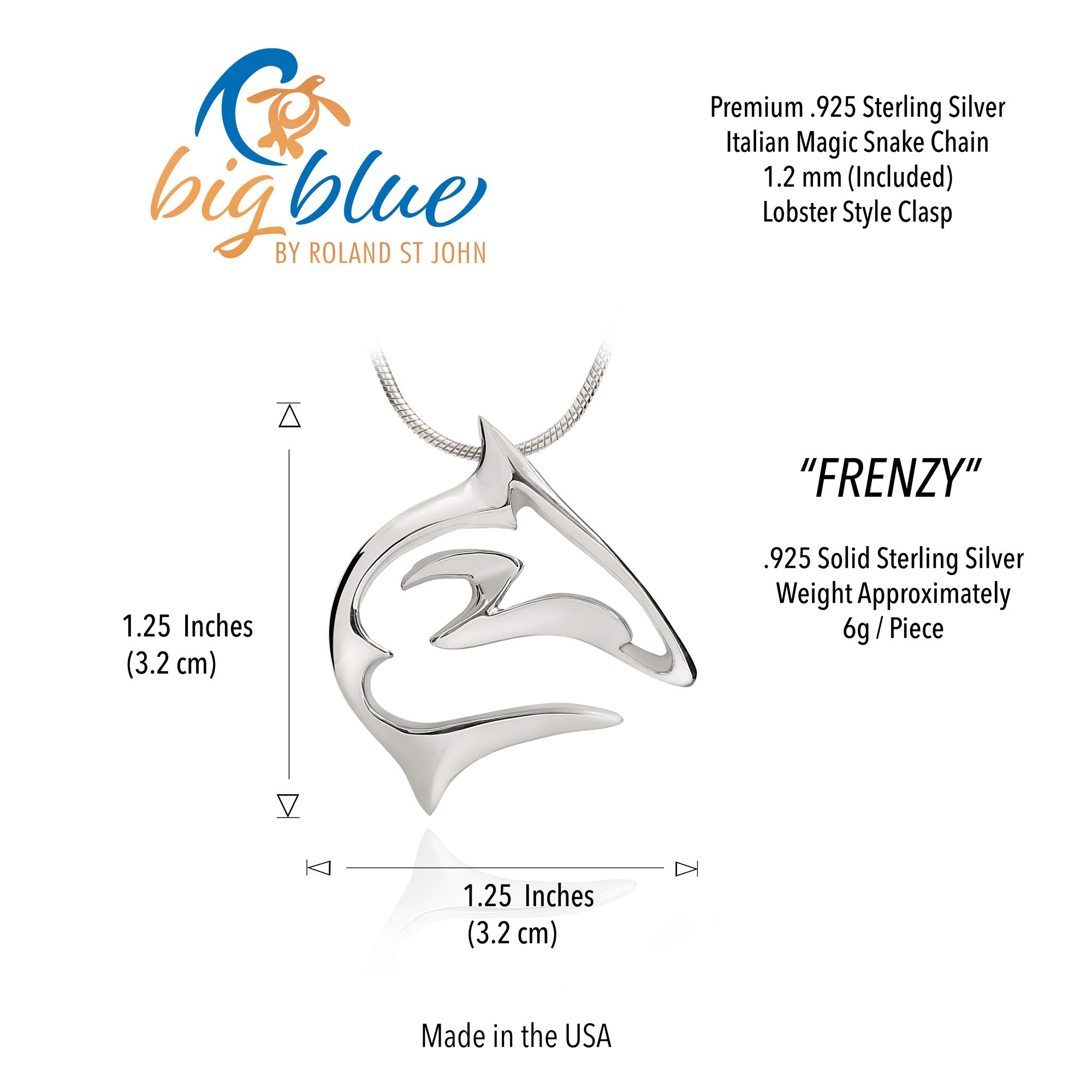 Silver 'Frenzy' pendant with measurements and product details on a white background