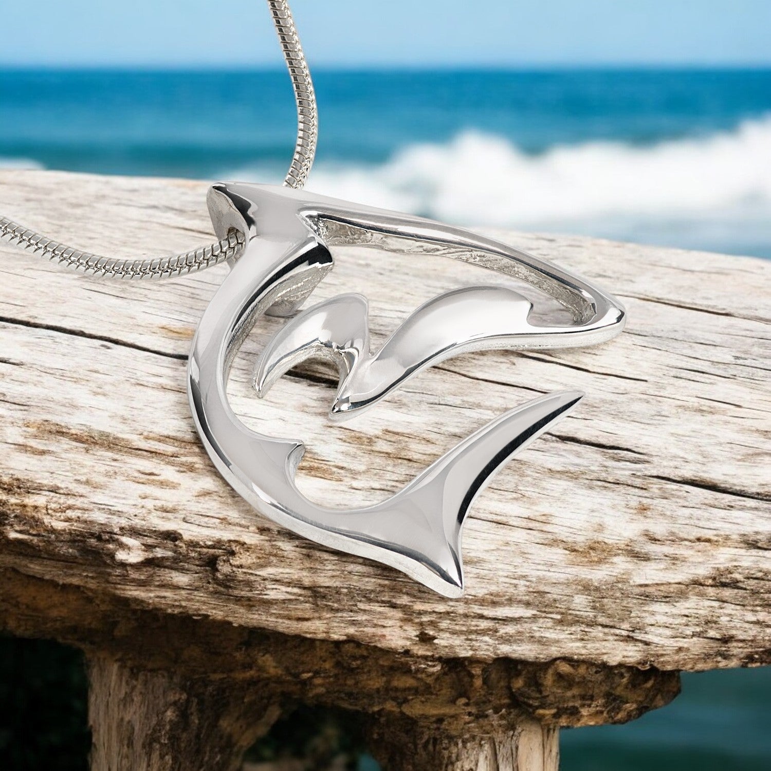Silver shark tooth necklace on a piece of driftwood with ocean in the background