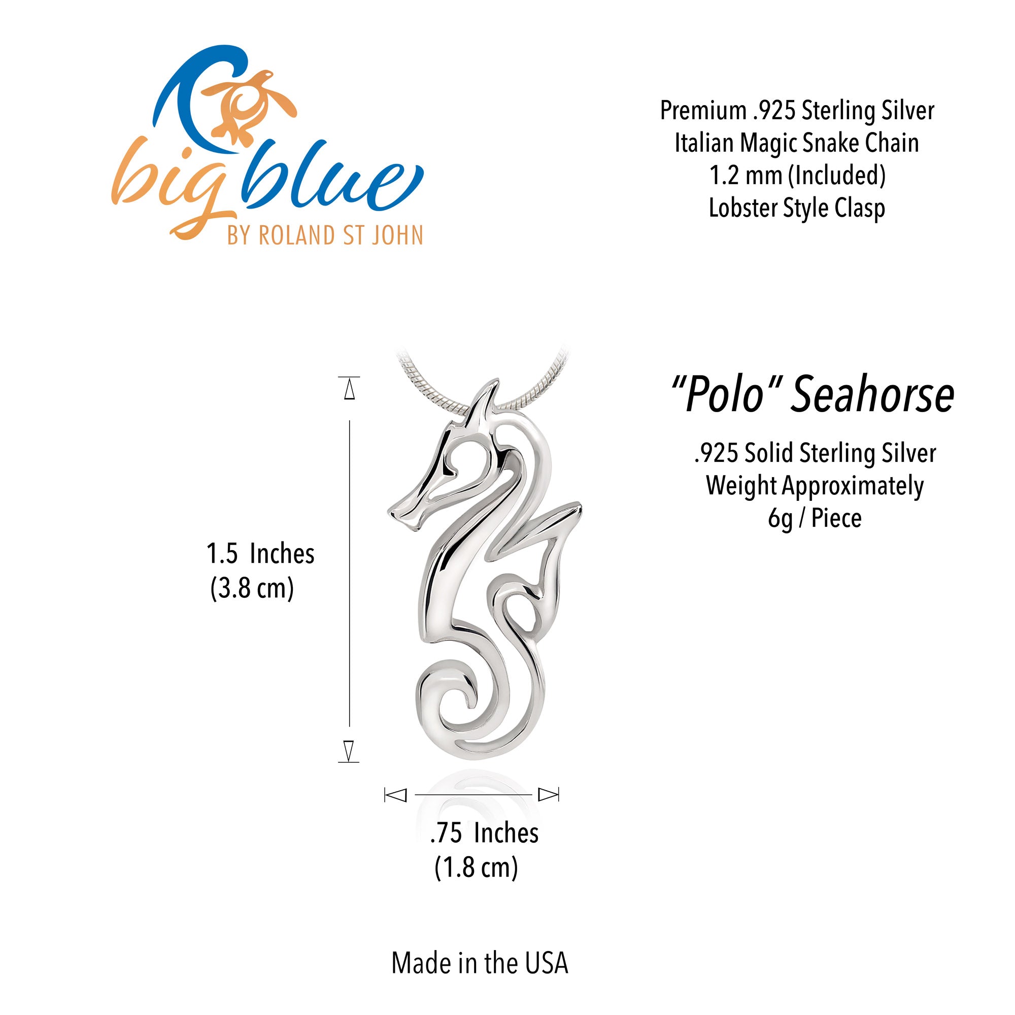 Silver seahorse pendant with measurement details on a white background, featuring the 'big blue' brand.
