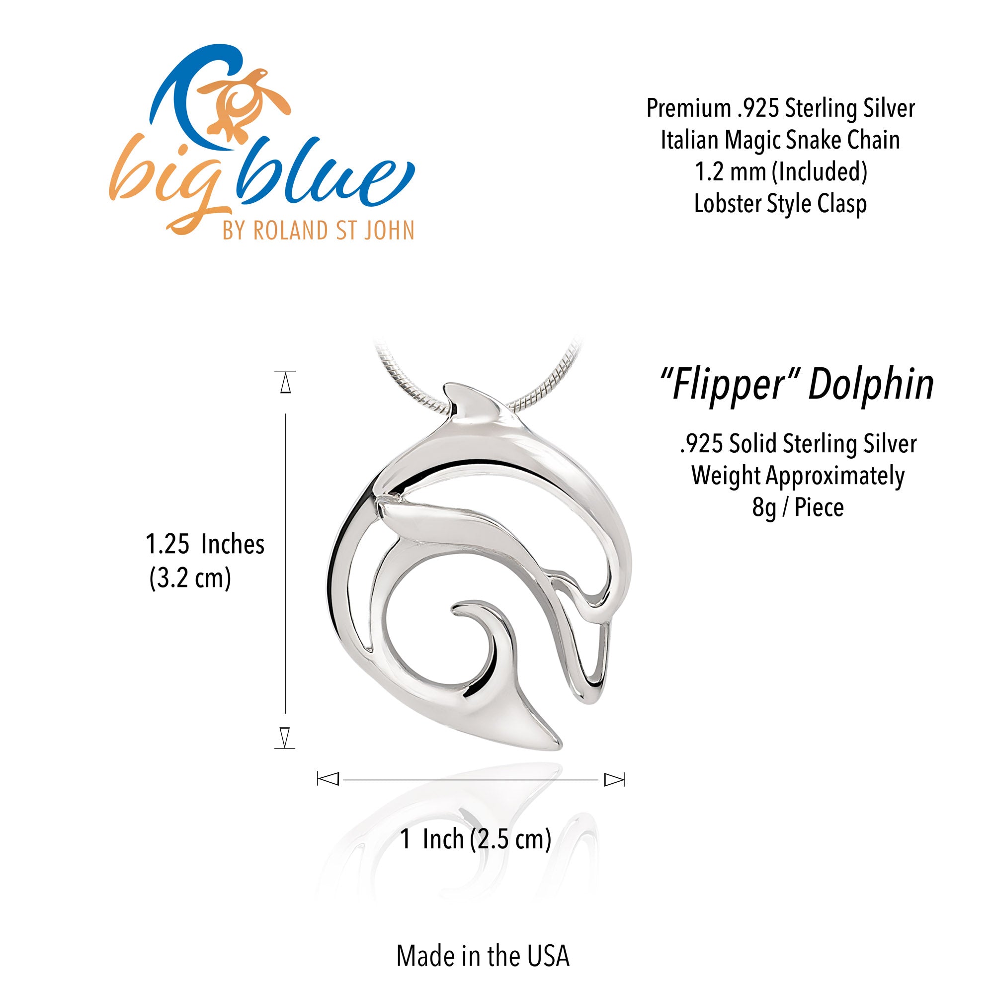 Silver 'Flipper' dolphin pendant with measurements and product details on a white background