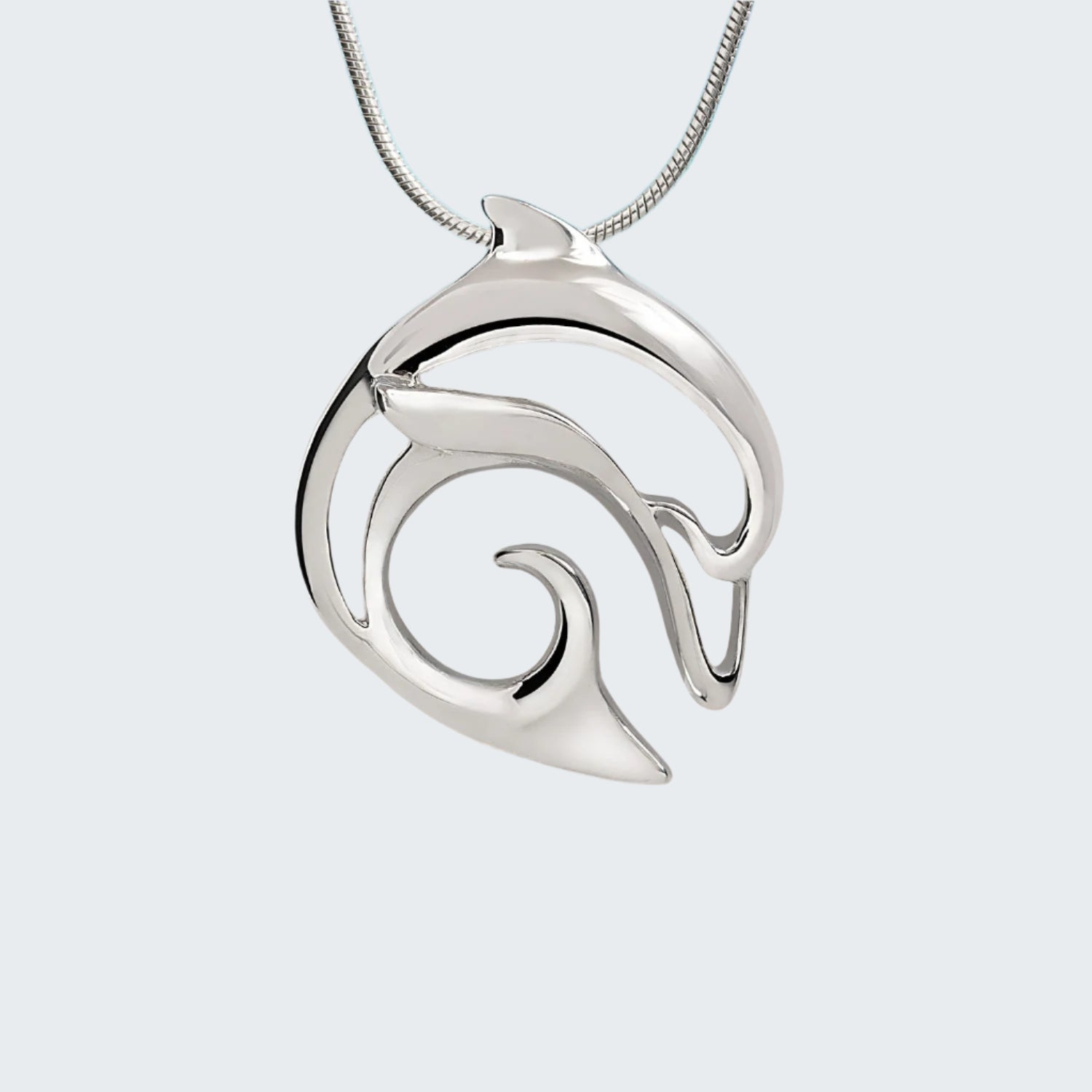 Silver wave-shaped pendant on a chain against a light gray background