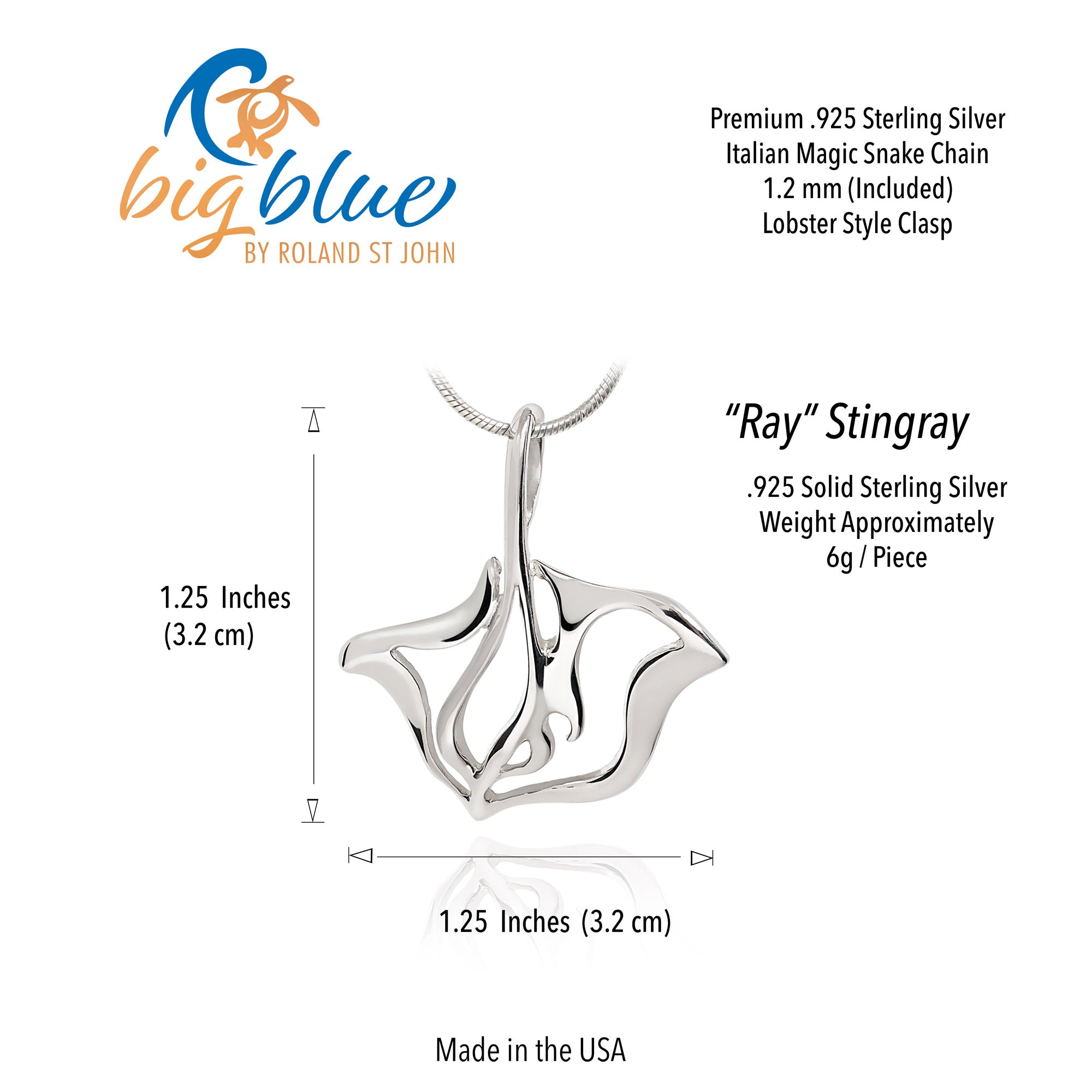 Silver 'Ray' Stingray pendant with product details on a white background
