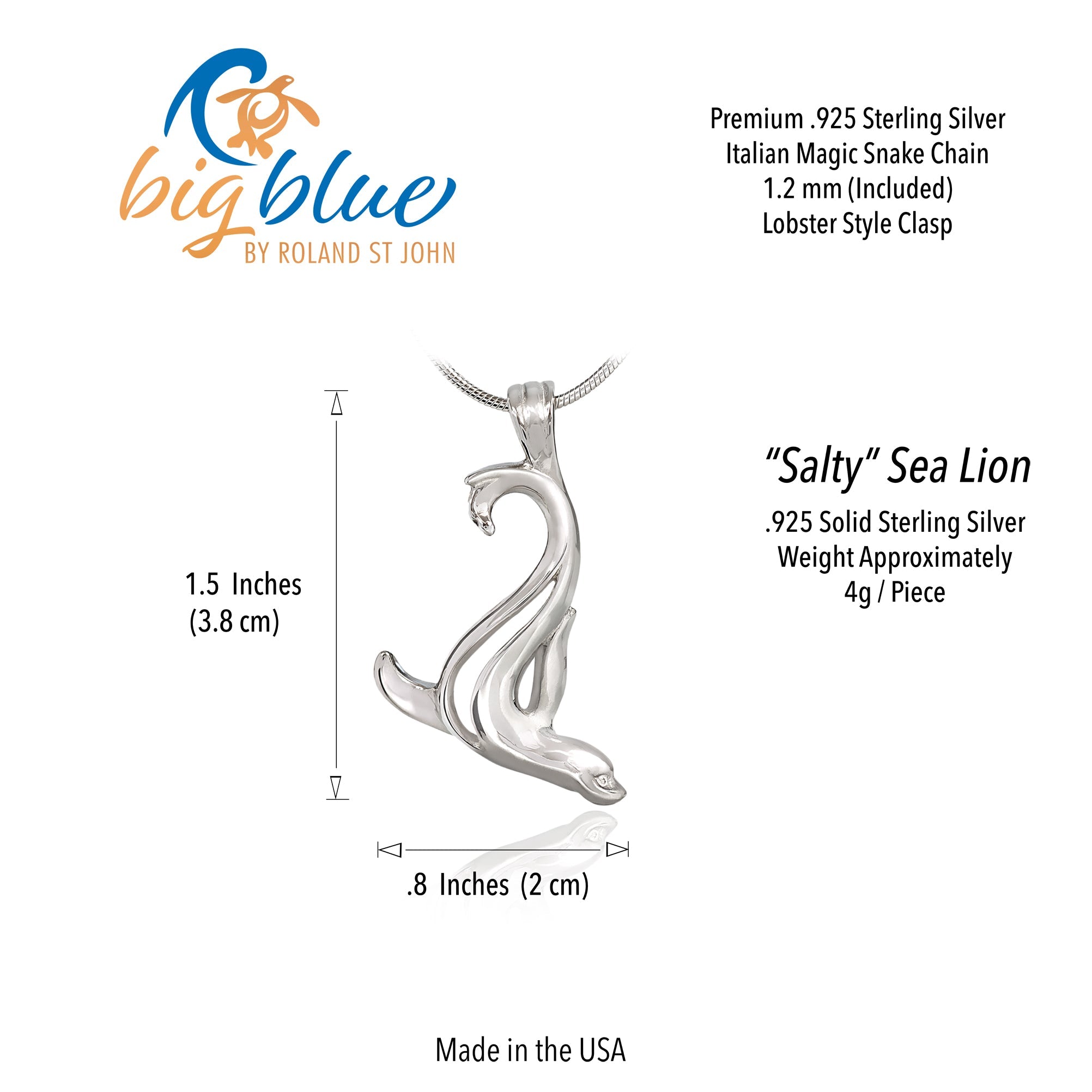 Silver 'Salty' Sea Lion pendant with measurements and product details on a white background