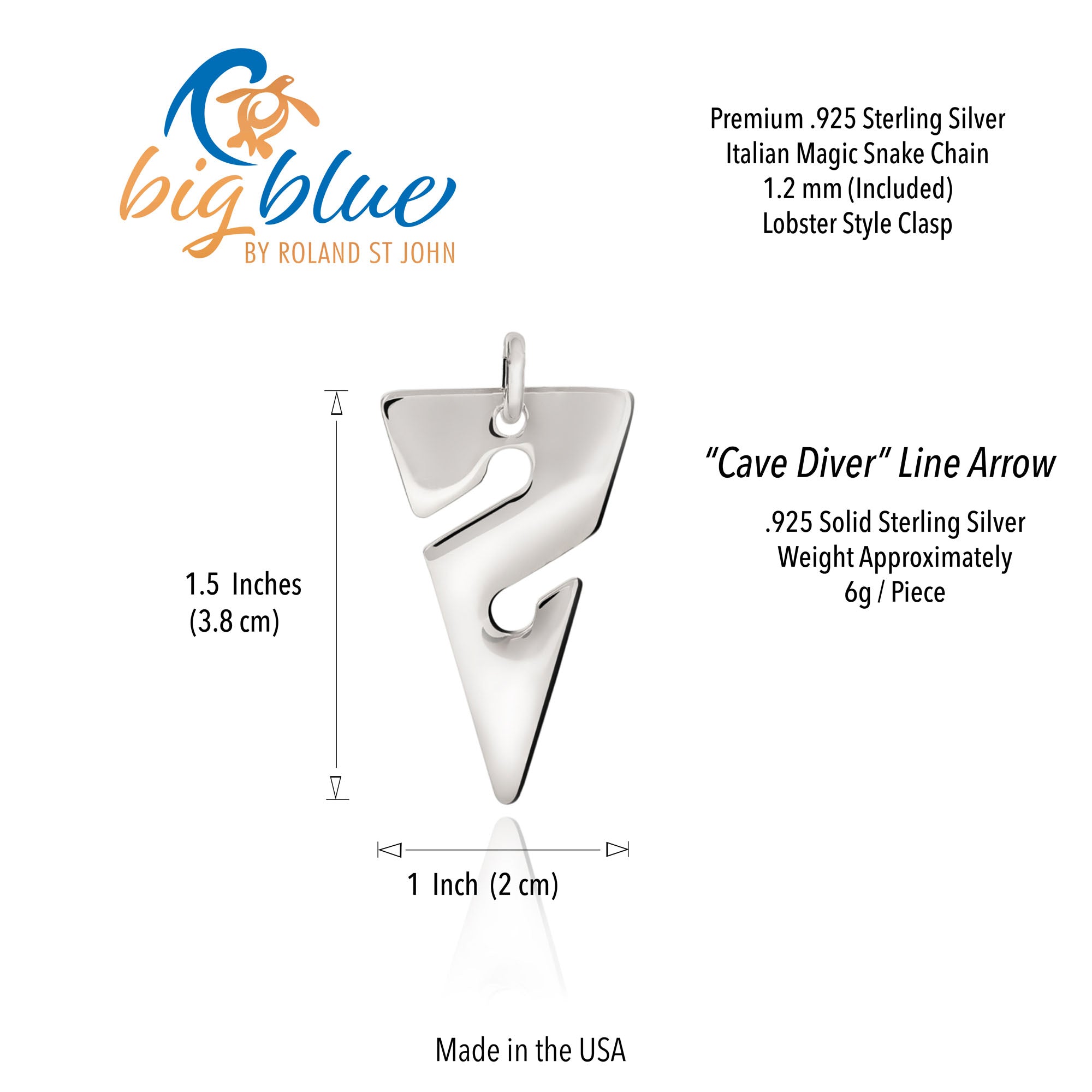 Silver 'Cave Diver' line arrow pendant with measurements and product details on a white background.