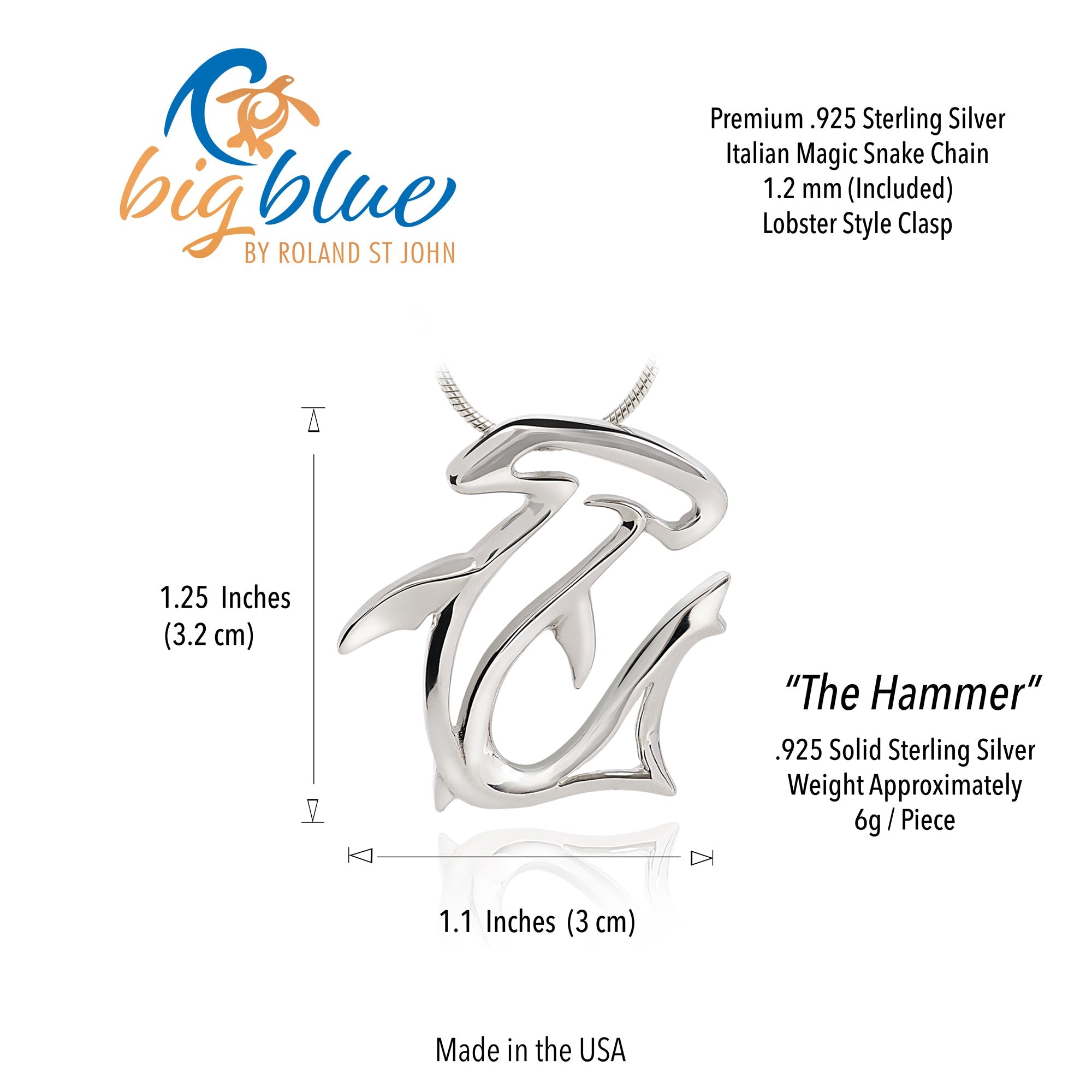 Silver 'The Hammer' pendant with measurements and product details on a white background