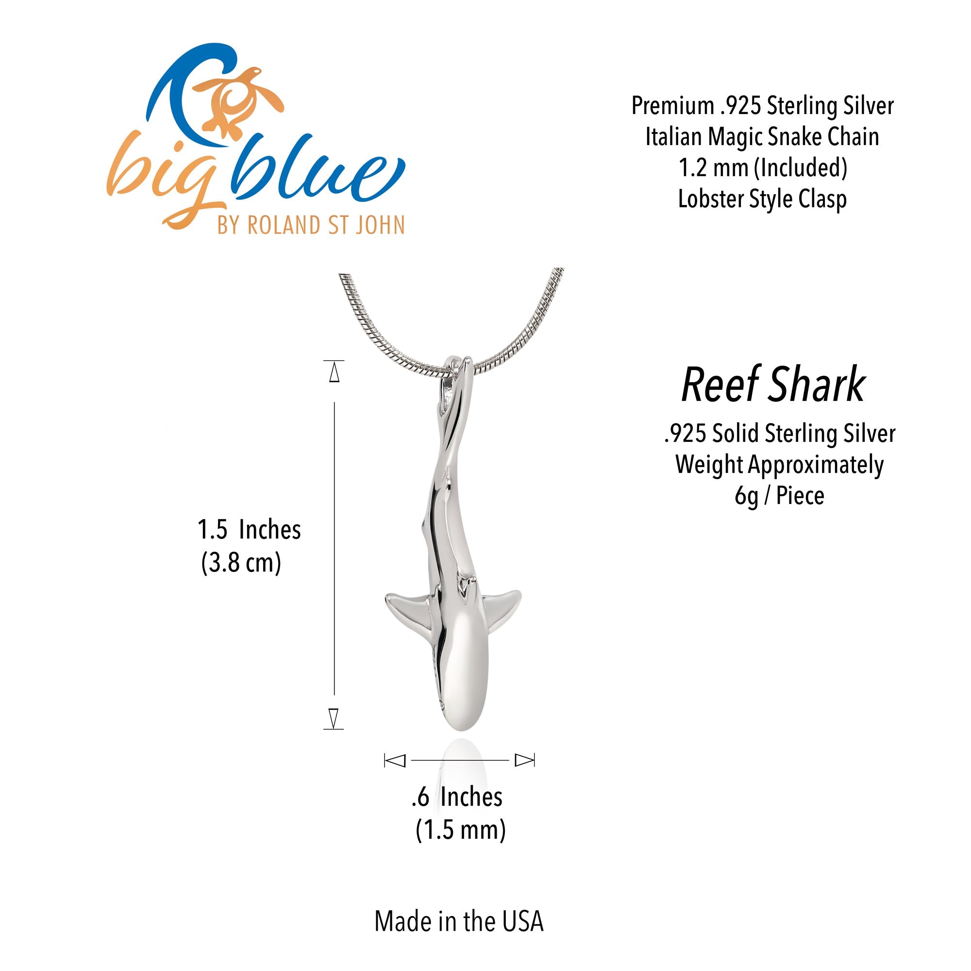 Silver shark pendant with measurement details on a white background, featuring the 'big blue' brand.