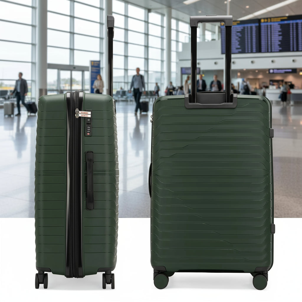 Green suitcase with a textured surface on a white background