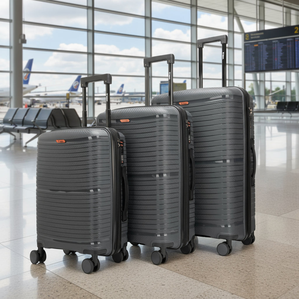Set of three gray suitcases with wheels on a white background