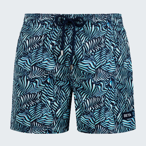 Blue and black patterned shorts on a white background