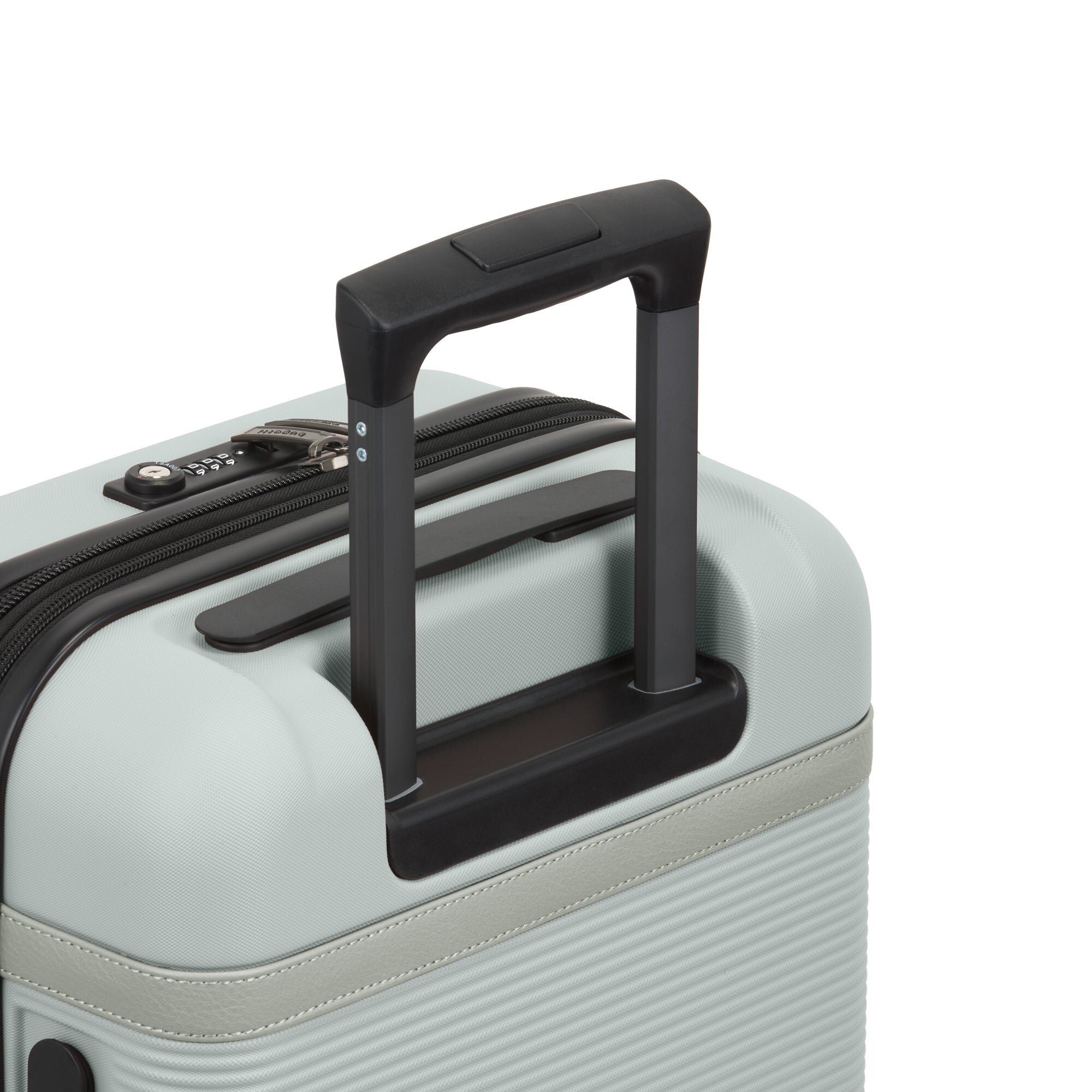 Light gray suitcase with a black handle on a white background
