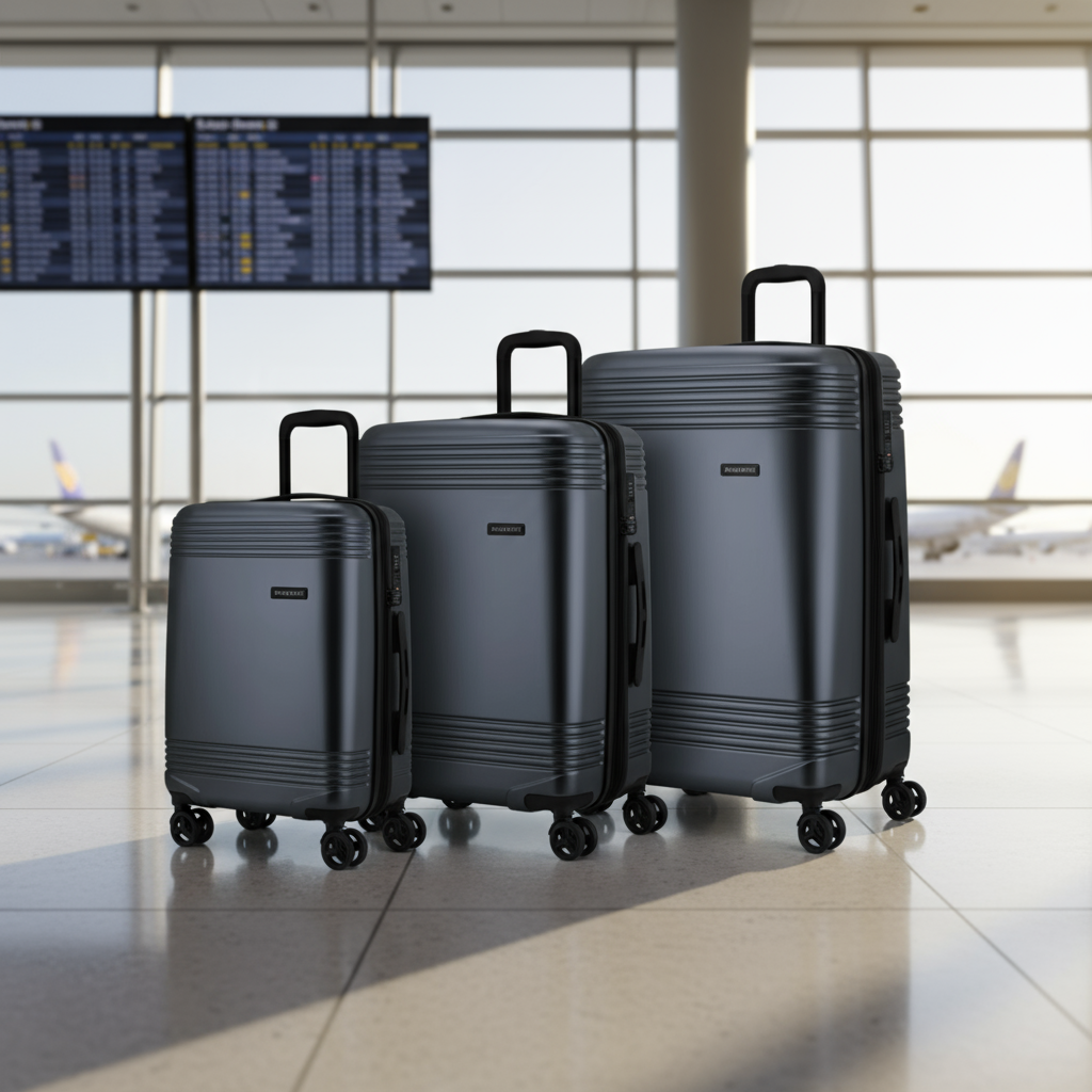 Set of three black suitcases of different sizes on a white background